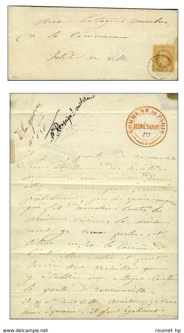 Càd 5 PARIS 5 (60) 23 AVRIL 71 / N° 28 Sur Lettre Pour L'Hôtel De Ville, à L'intérieur Grand Cachet Rouge COMMUNE DE PAR - Oorlog 1870