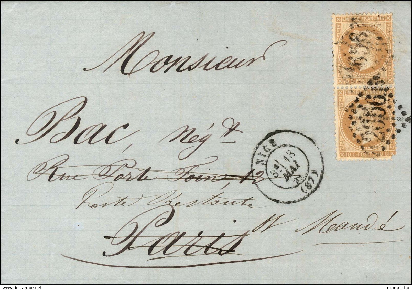 GC 2656 / N° 28 (paire) Càd T 17 NICE (87) 18 MAI 71 Sur Lettre Adressée Poste Restante à St Mandé Pour M. Bac à Paris.  - Krieg 1870