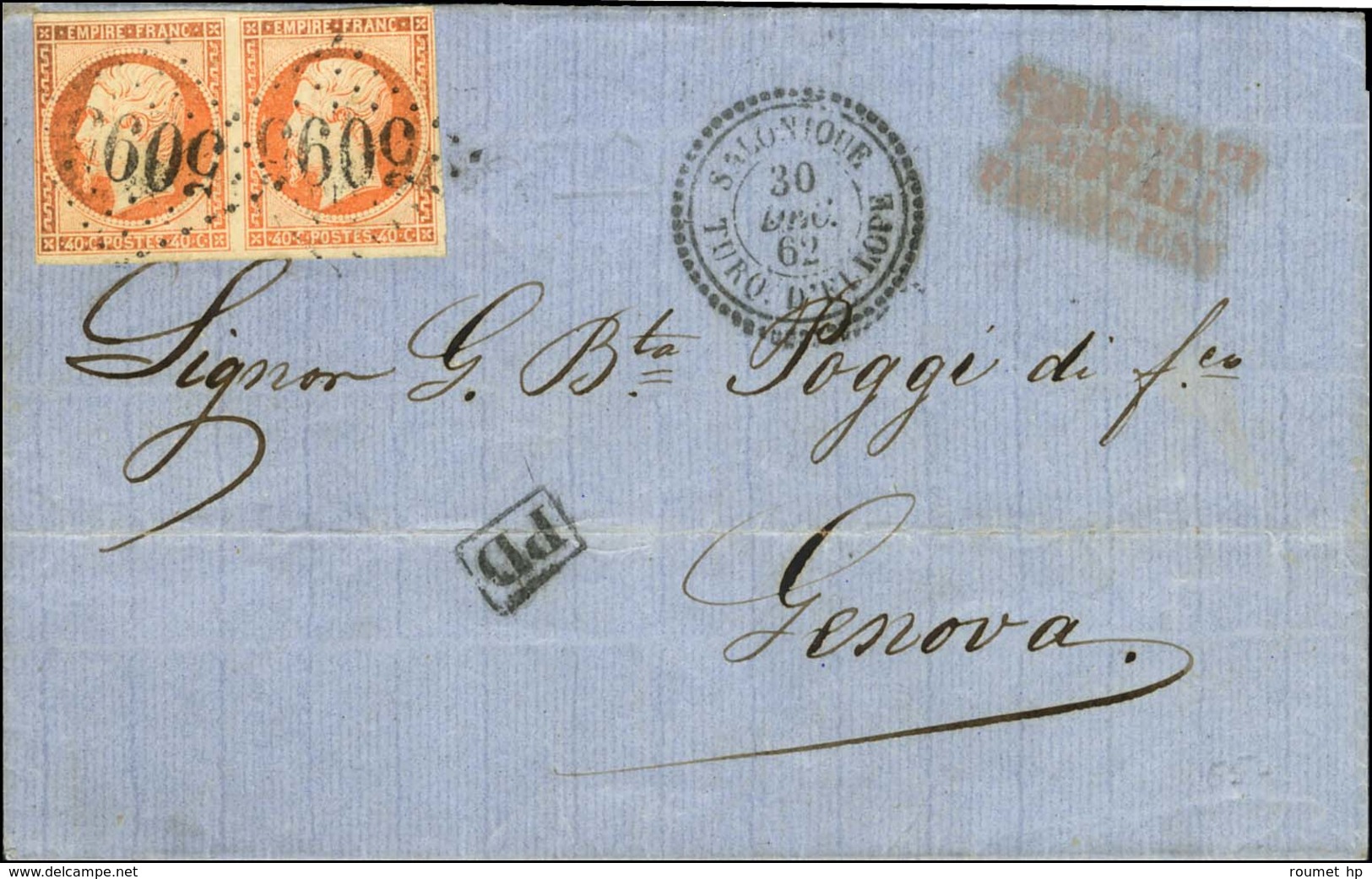 GC 5095 / N° 16 Paire Càd T 22 SALONIQUE / TURQ D'EUROPE 30 DEC. 62 Sur Lettre Pour Gênes. Rare Association. - TB / SUP. - Maritime Post