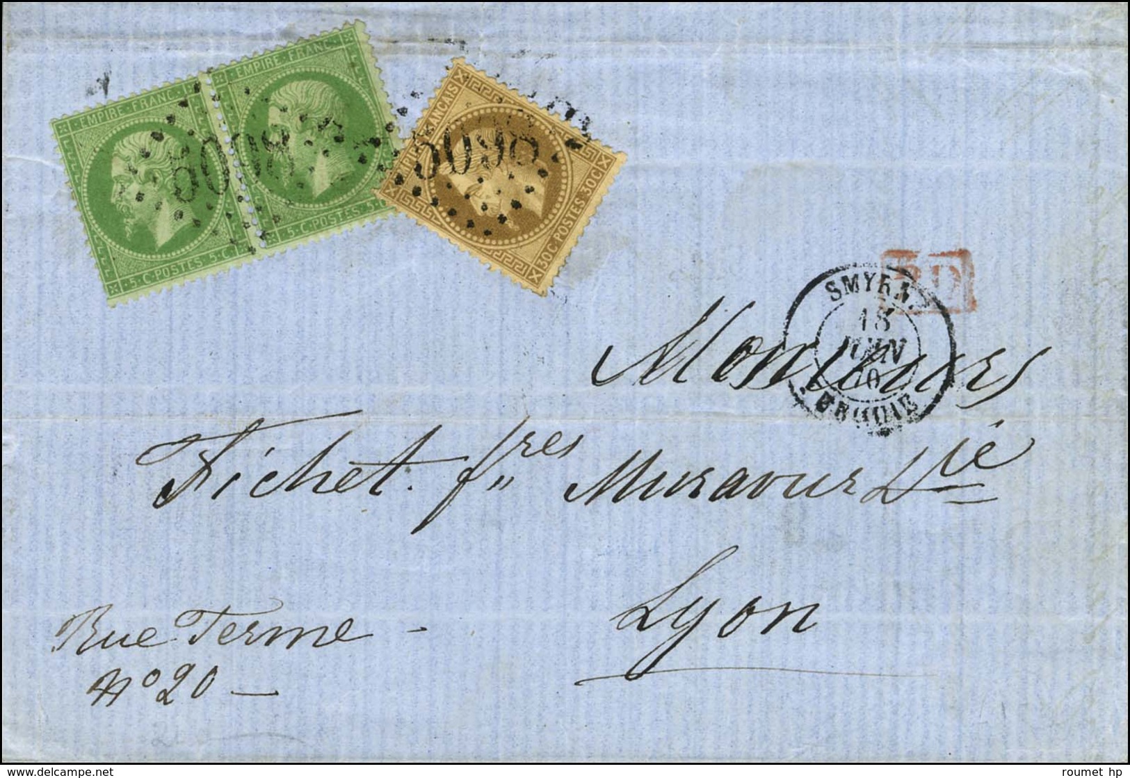 GC 5098 / N° 20 Paire + 30 Càd SMYRNE / TURQUIE Sur Lettre Pour Lyon. 1870. - TB / SUP. - R. - Maritieme Post