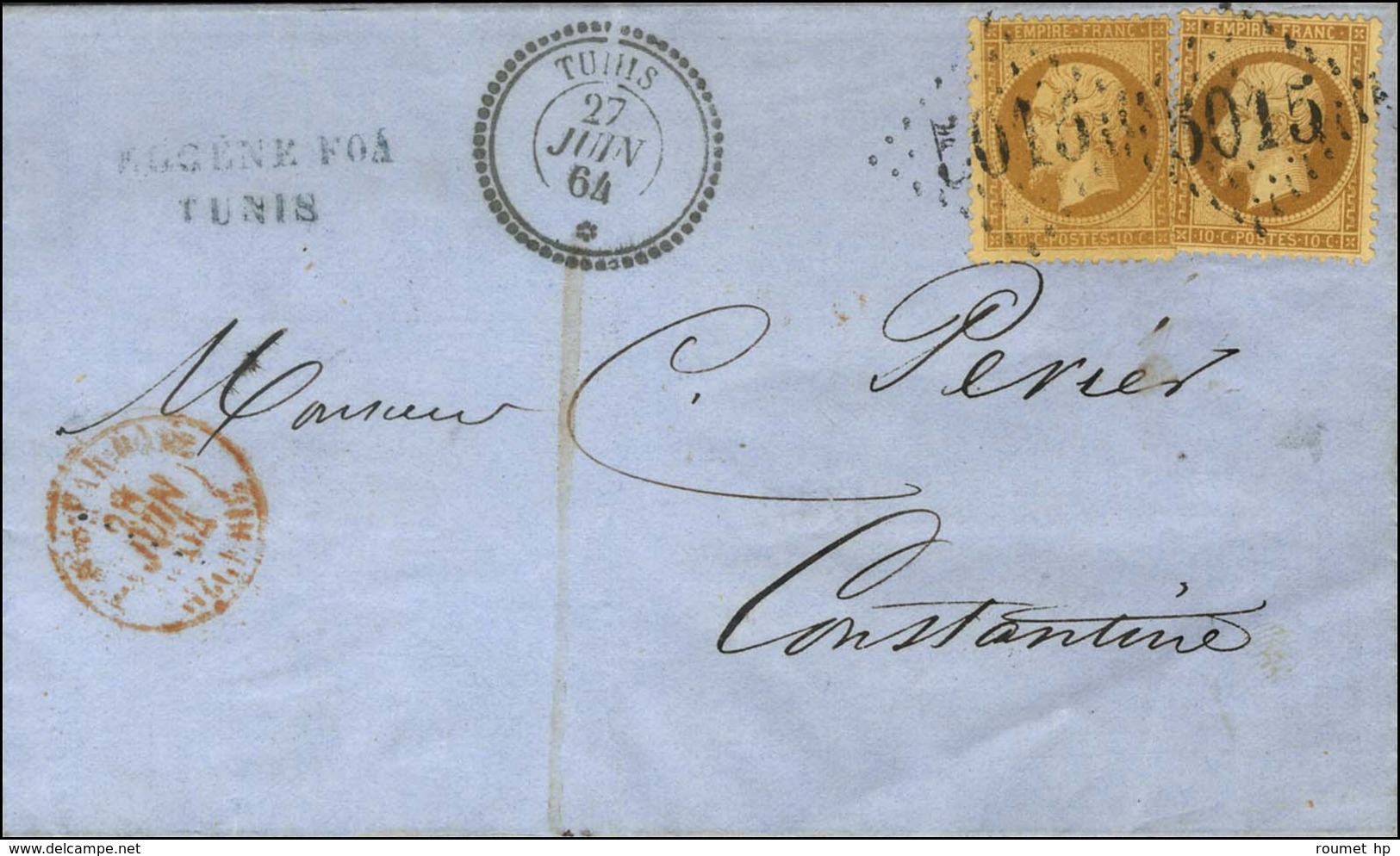 GC 5015 / N° 21 (2) Càd TUNIS / * Sur Lettre Pour Constantine. 1864. Rare Tarif à 20c. - TB / SUP. - Maritieme Post