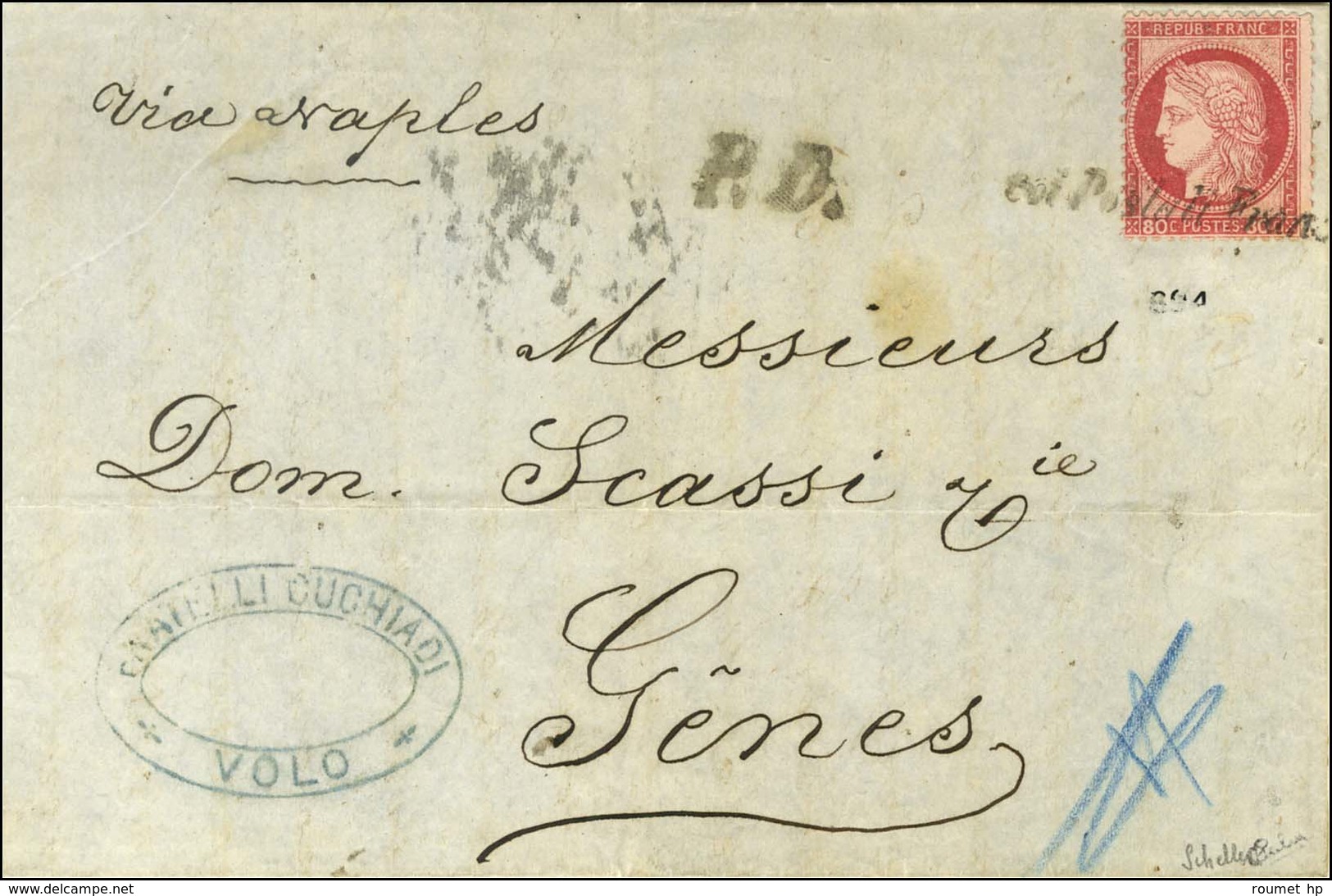 Griffe Linéaire Coi Postali Francesi / N° 57 Sur Lettre Datée De Volo (cachet Commercial Au Recto) Pour Gênes. 1875. - T - Maritime Post