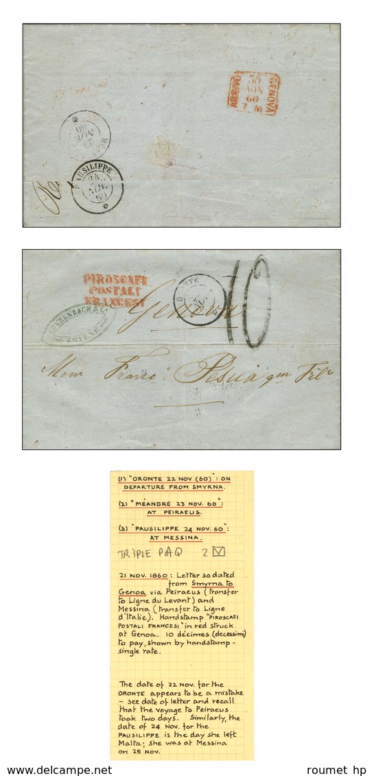 Càd ORONTE / * 22 NOV. 60 Sur Lettre Avec Texte Daté De Smyrne Le 21 Novembre 1860 Pour Gênes, Au Verso Càd MEANDRE / *  - Maritieme Post