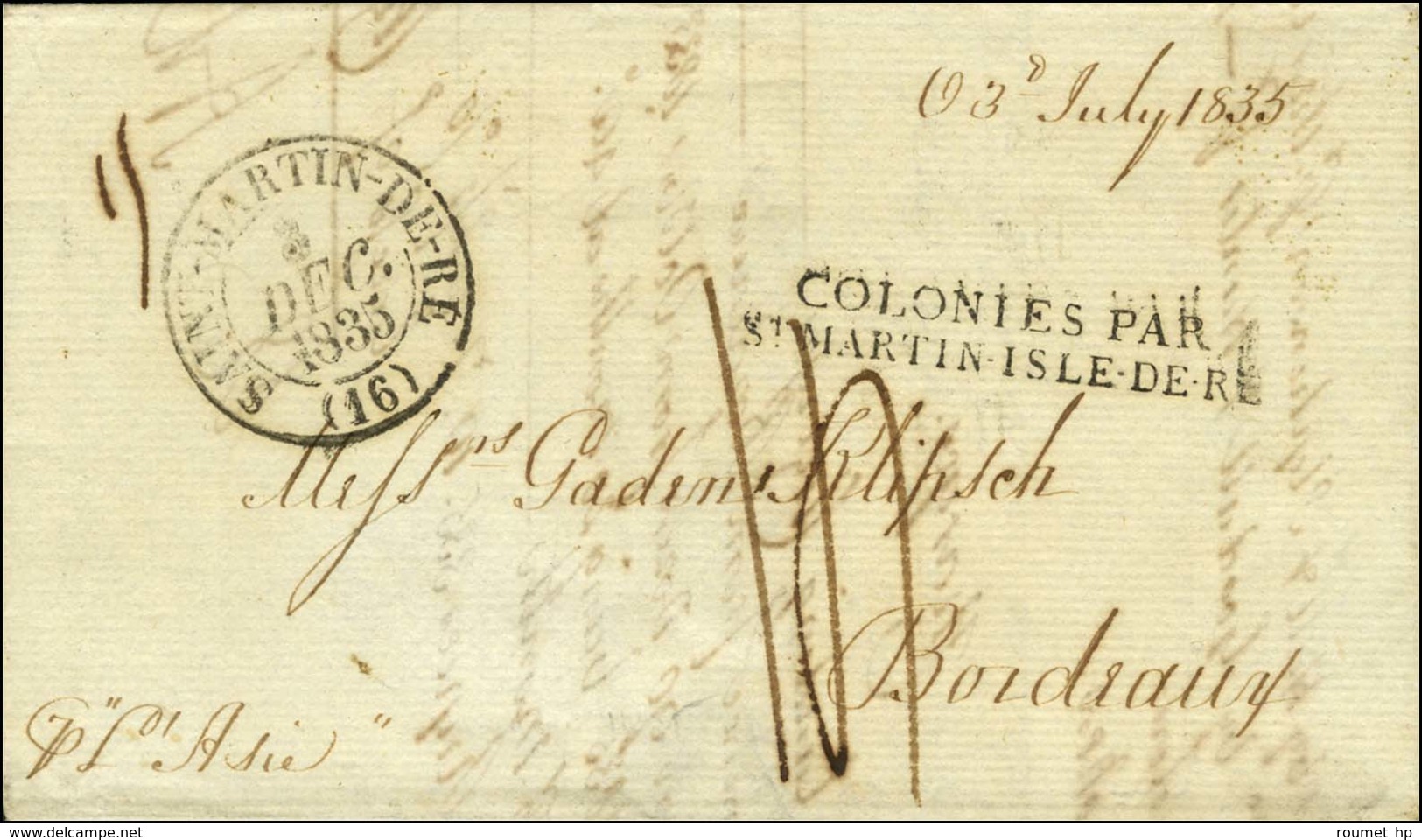 Lettre Avec Texte Daté De Madras Le 30 Juin 1835 Pour Bordeaux. Au Recto, MP D'entrée COLONIES PAR / ST MARTIN ISLE DE R - Maritieme Post