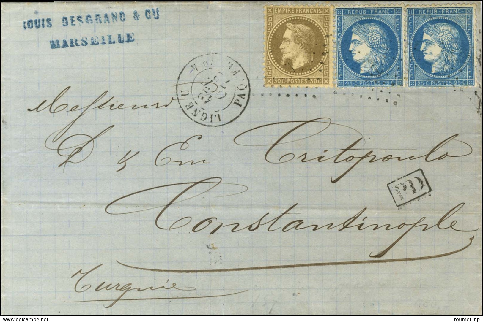 Ancre / N° 30 + 60 (2) Càd LIGNE U / PAQ. FR N° 4 Sur Lettre De Marseille Pour Constantinople. 1872. - TB / SUP. - R. - Maritieme Post