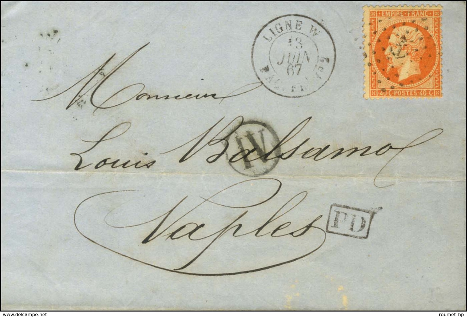 Ancre / N° 23 Càd LIGNE W / PAQ. FR N° 2 Sur Lettre De Marseille Pour Naples. 1867. - TB. - Maritieme Post