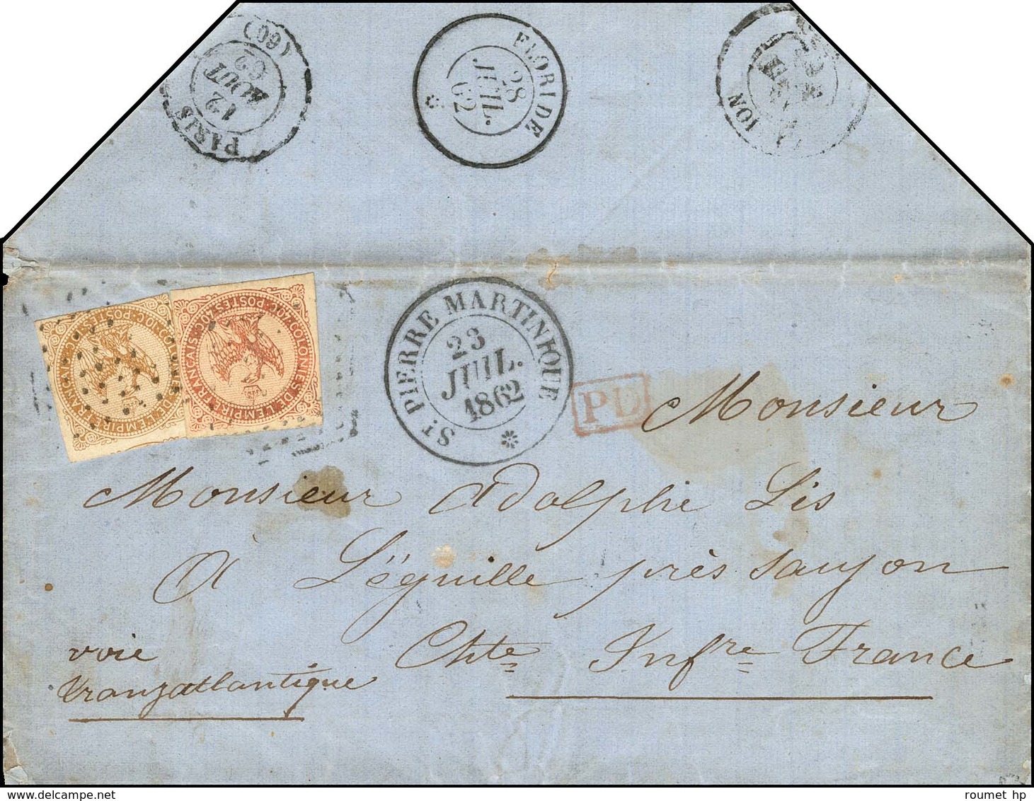 Losange / CG N° 3 + 5 Càd ST PIERRE MARTINIQUE * Sur Lettre Pour La France, Au Verso Très Rare Càd FLORIDE *. 1862. - TB - Poste Maritime