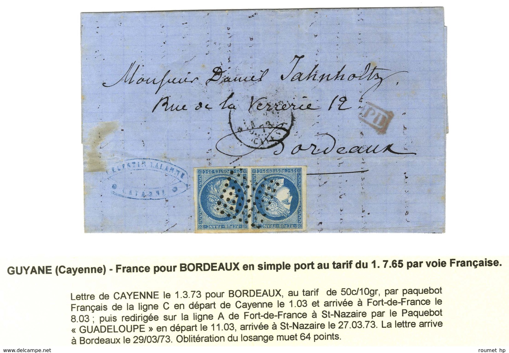 Losange / CG N° 23 Paire Càd GUYANE / CAYENNE Sur Lettre Pour Bordeaux. 1873. - TB. - R. - Maritieme Post