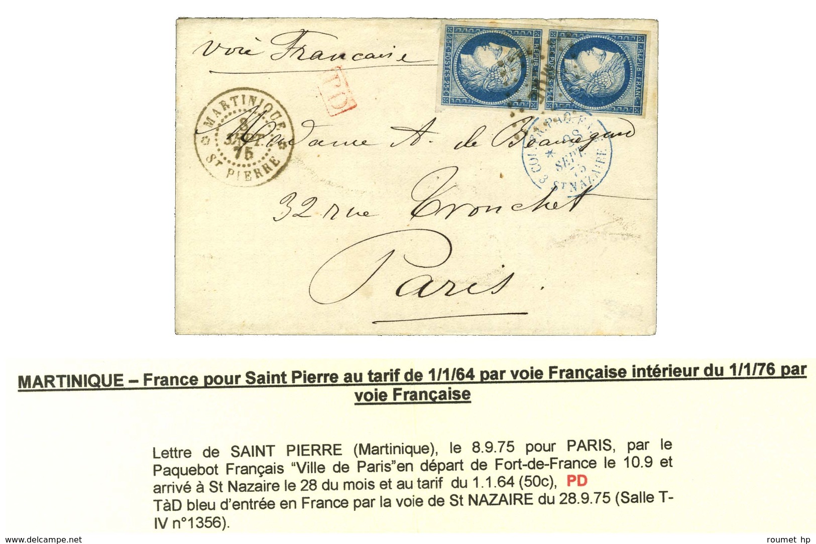 Losange MQE / CG N° 23 Paire Belles Marges Càd MARTINIQUE / ST PIERRE Sur Lettre Pour Paris. 1875. - TB / SUP. - Maritime Post