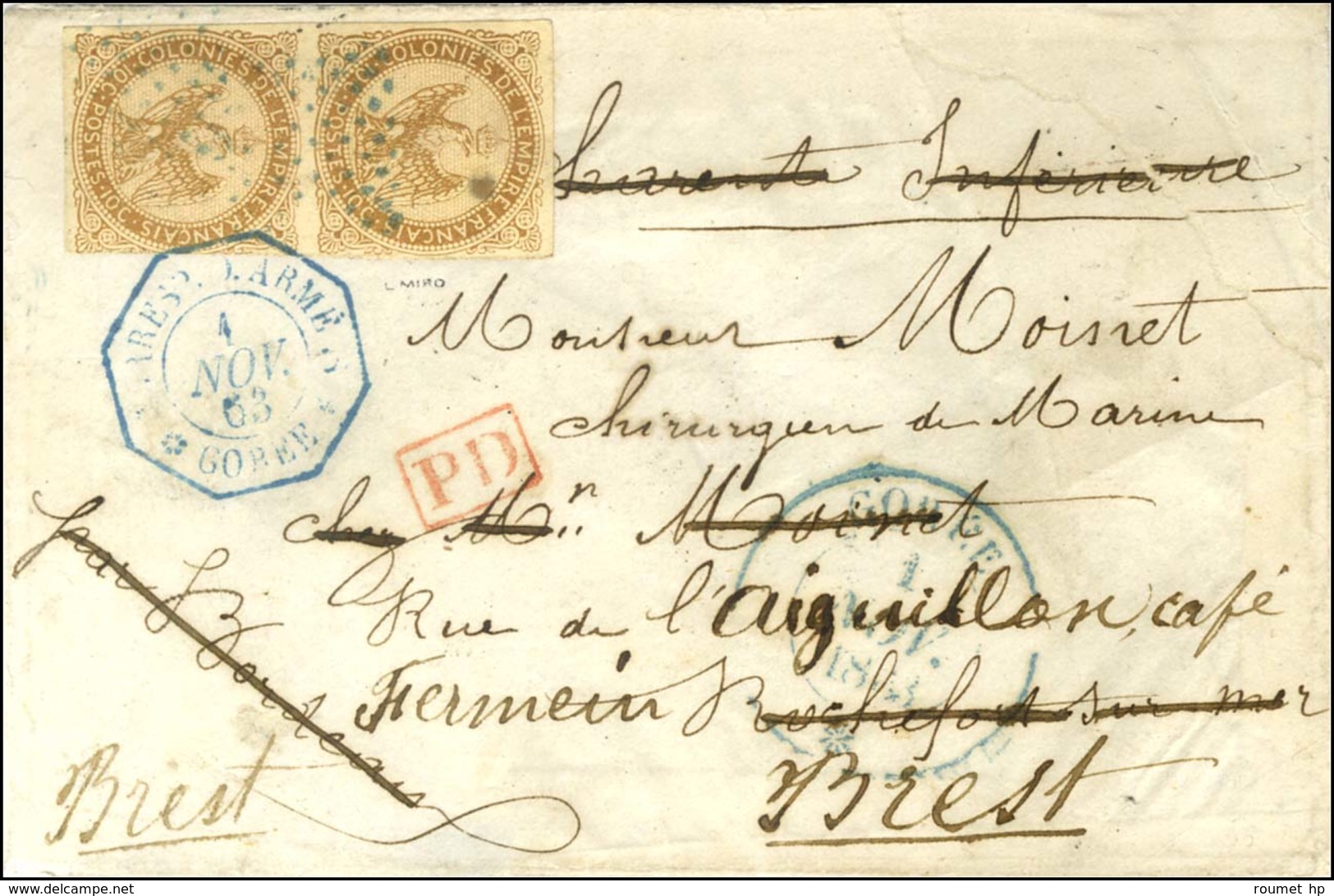 Carré De Points Bleus / CG N° 3 Paire Càd Bleu GOREE / * 1 NOV. 1863, Au Recto Càd Octo Bleu CORRESP. D.ARMEE / GOREE Su - Maritieme Post