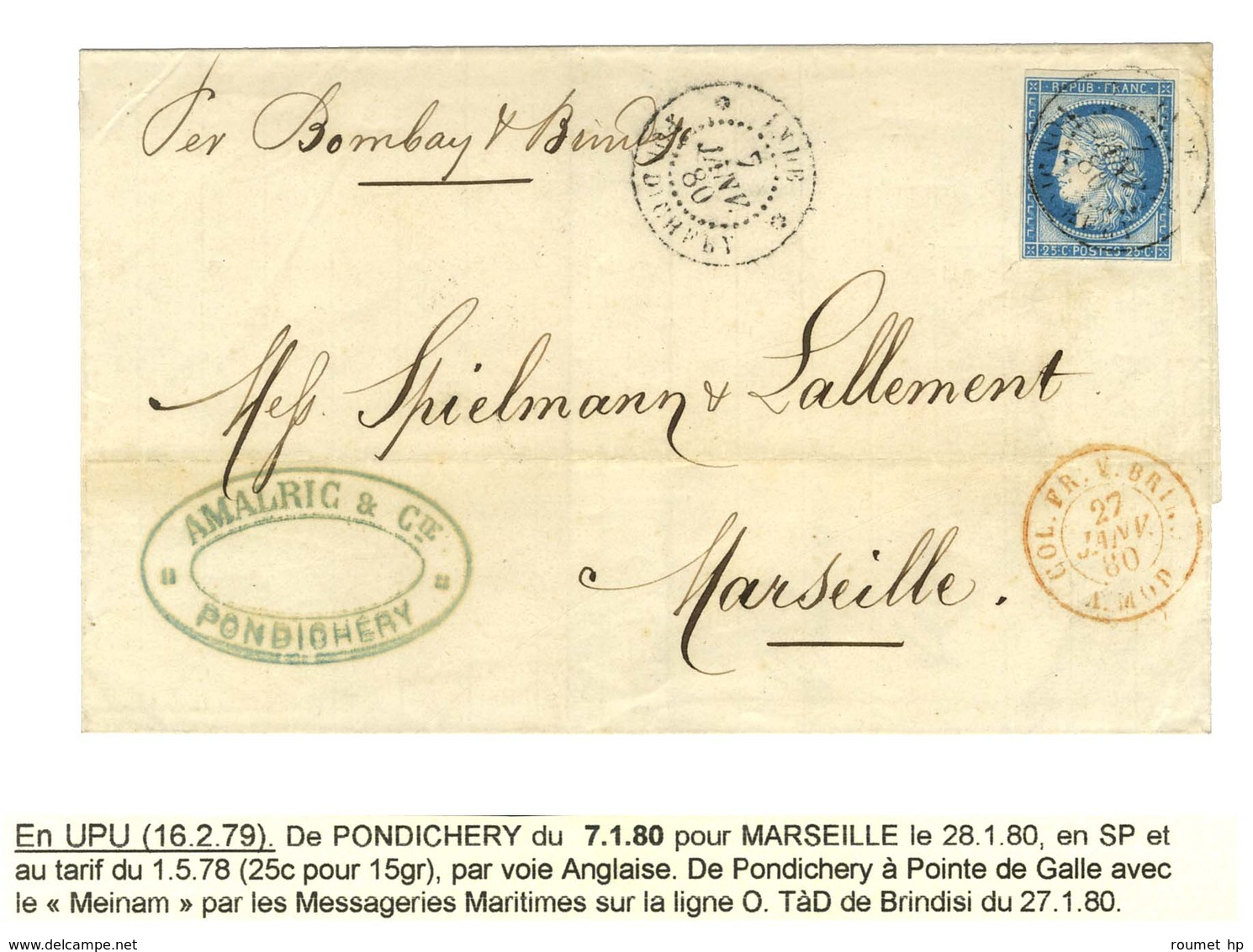 Càd INDE / PONDICHERY / CG N° 23. 1880. - TB / SUP. - Maritieme Post