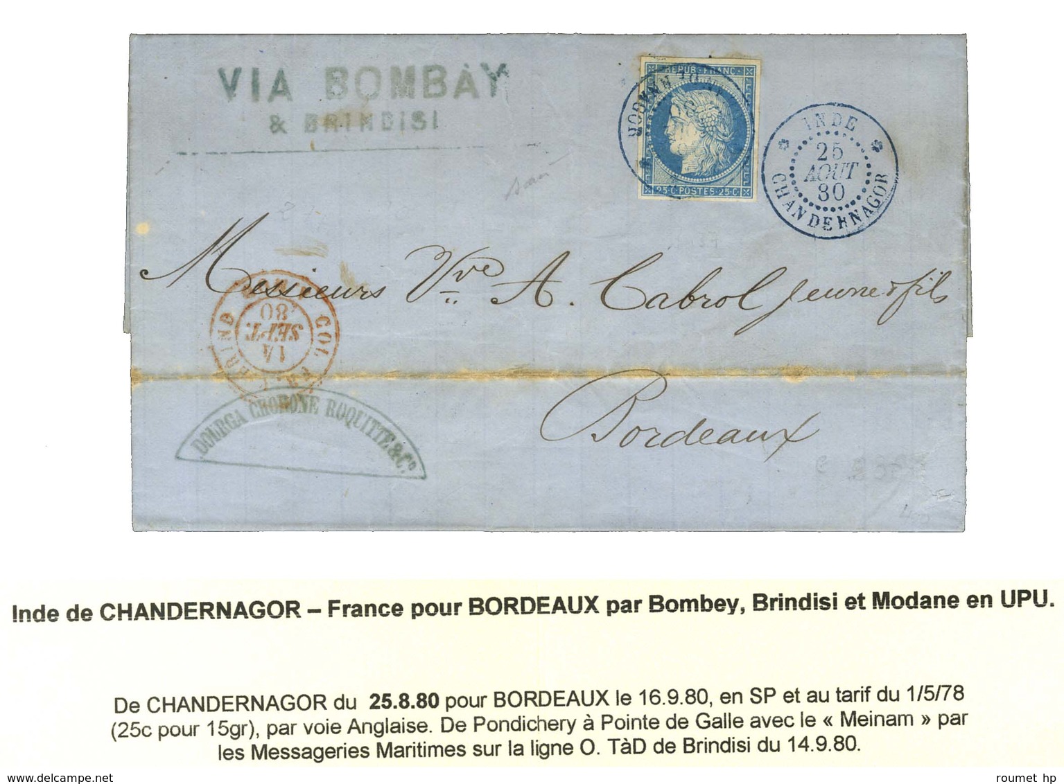 Càd Bleu INDE / CHANDERNAGOR / CG N° 23. 1880. - TB / SUP. - R. - Maritime Post
