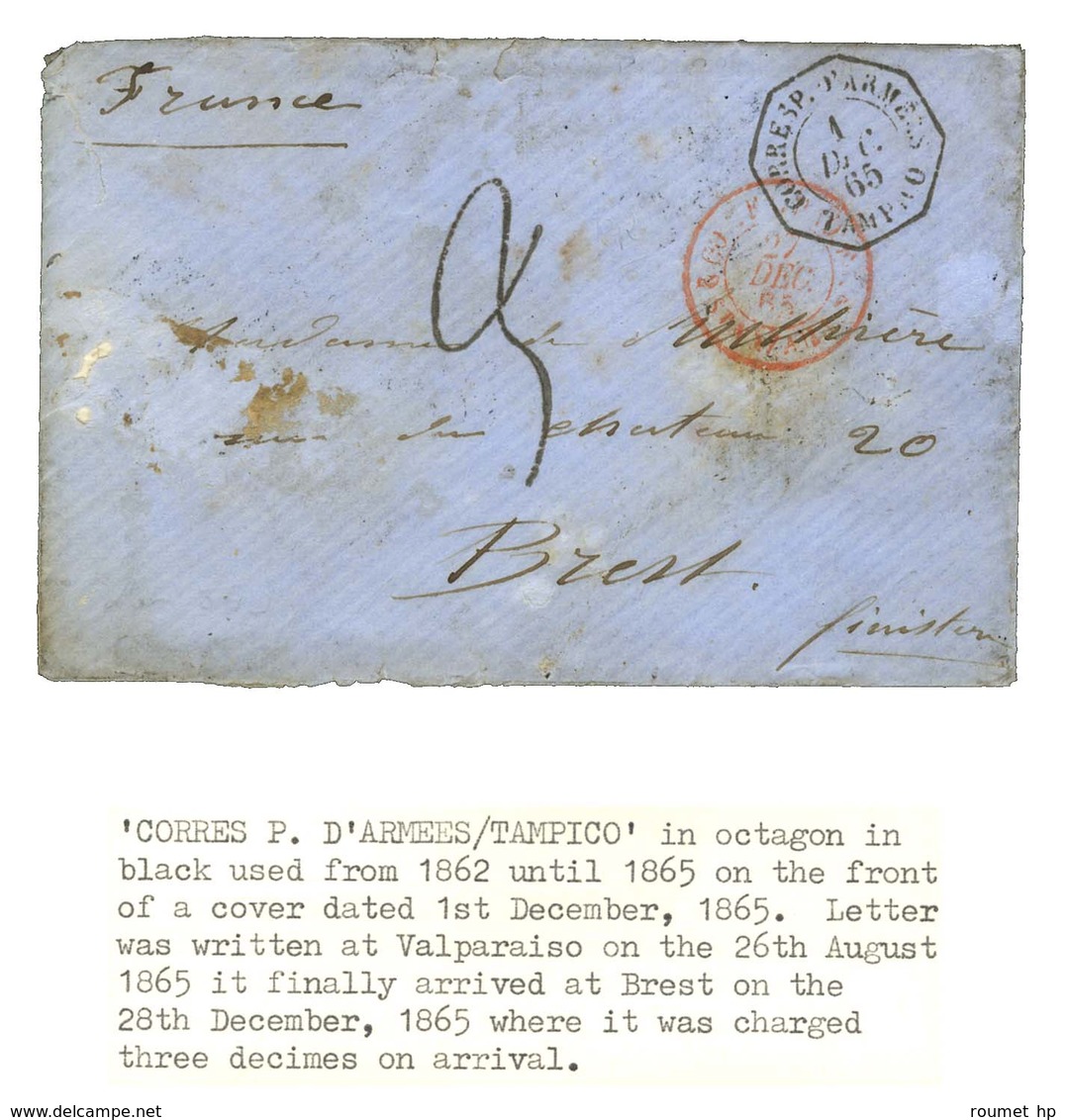 Càd Octo CORRESP. D'ARMEES / TAMPICO 1 DEC. 65 (S. N° 1333) Taxe Tampon 3 Sur Enveloppe Avec Texte Daté De Valparaiso Po - Maritieme Post