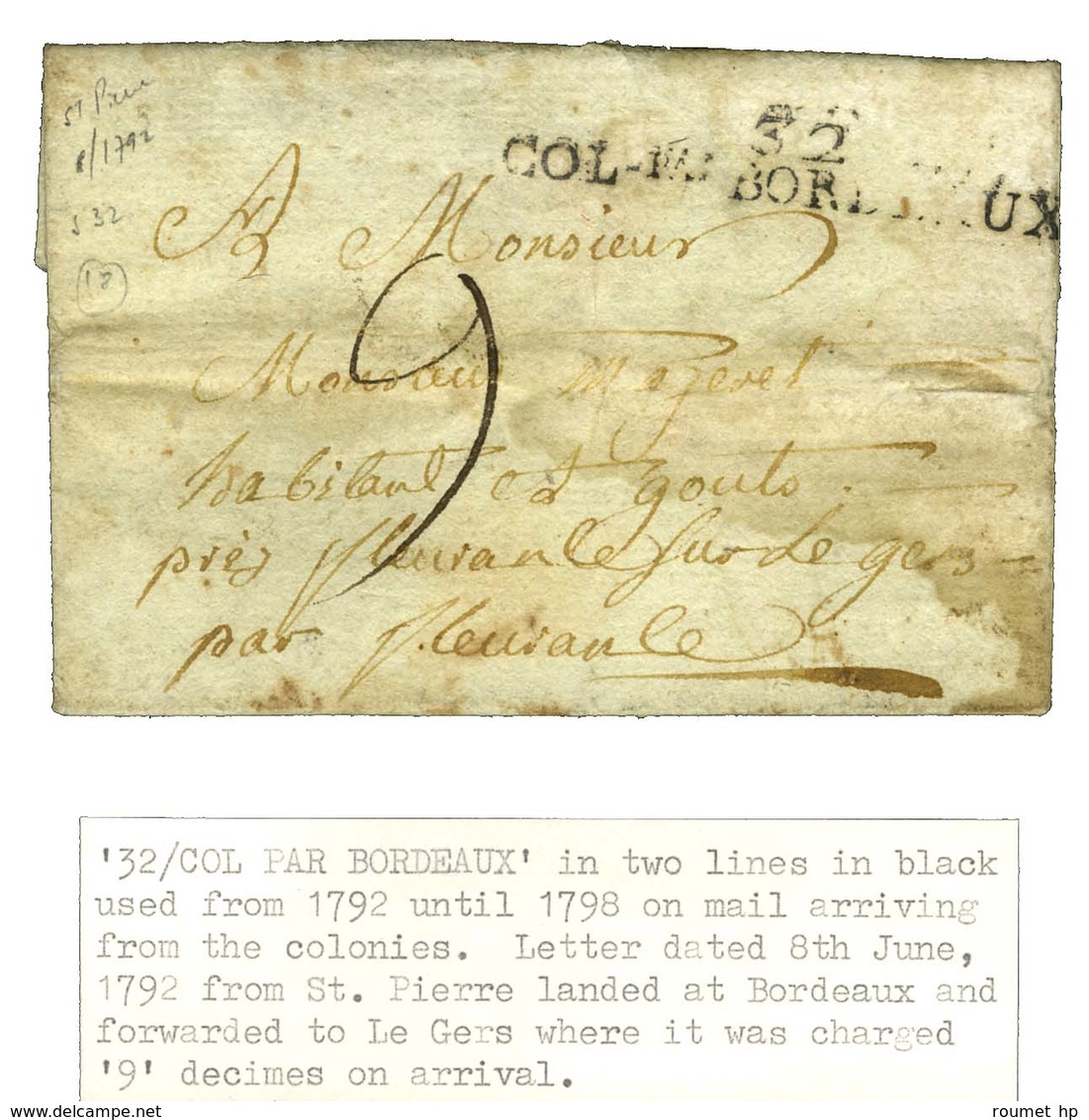 Lettre Avec Texte Daté De St Pierre De La Martinique Le 8 Juin 1792 Pour Fleurance Sur Le Gers. Au Recto, Marque Postale - Poste Maritime