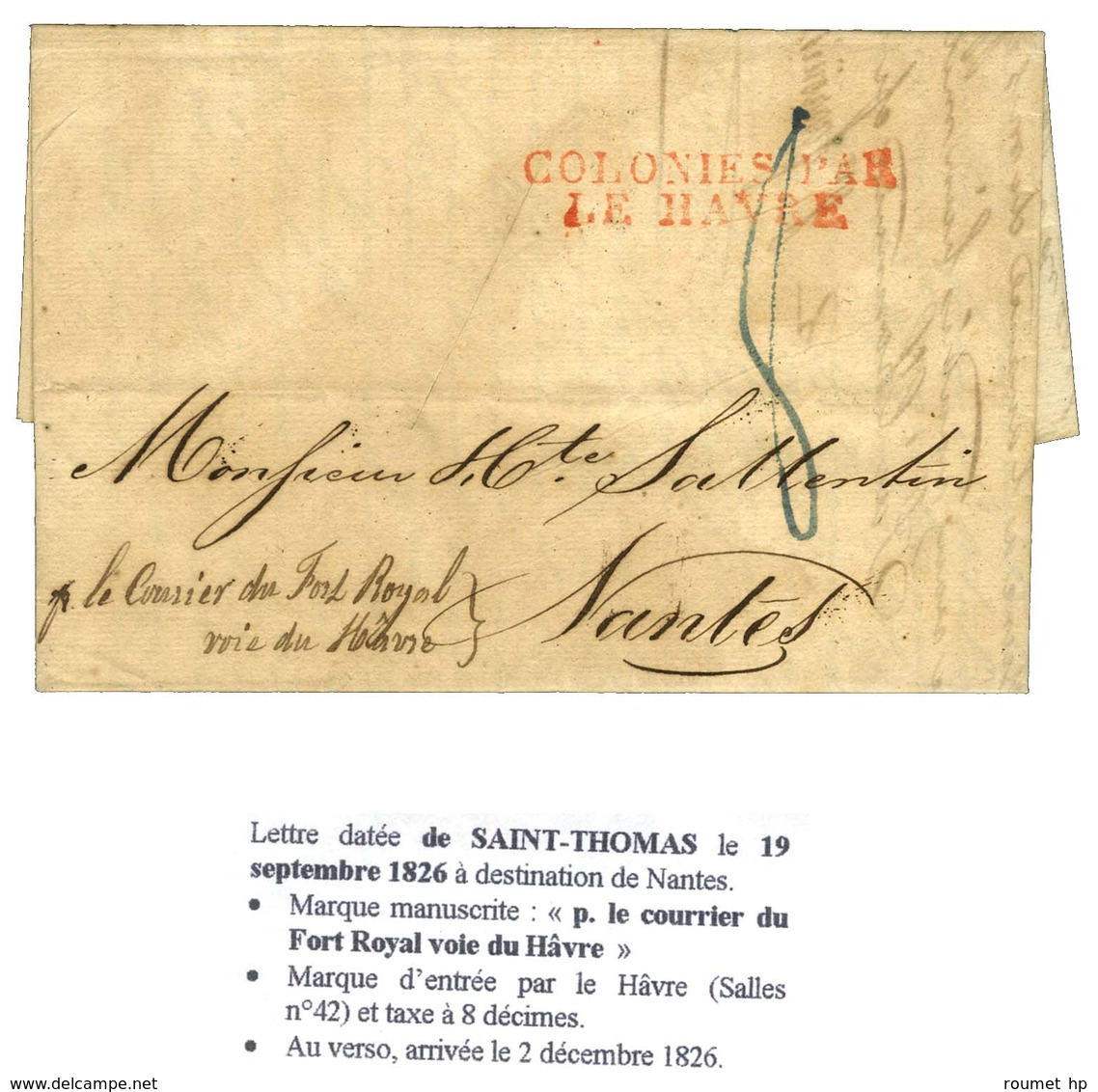 Lettre Avec Texte Daté De Saint Thomas Le 19 Septembre 1826 Pour Nantes. Au Recto, Marque Postale D'entrée Rouge COLONIE - Maritime Post