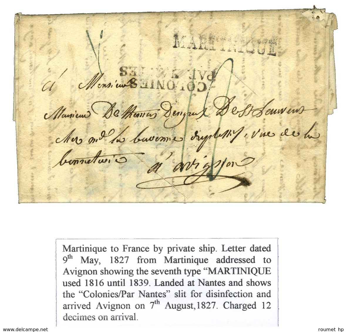 Lettre Avec Long Texte Daté Du 9 Mai 1827 Pour Avignon. Au Recto, Marque Postale D'entrée COLONIES / PAR NANTES (S. N° 6 - Maritime Post