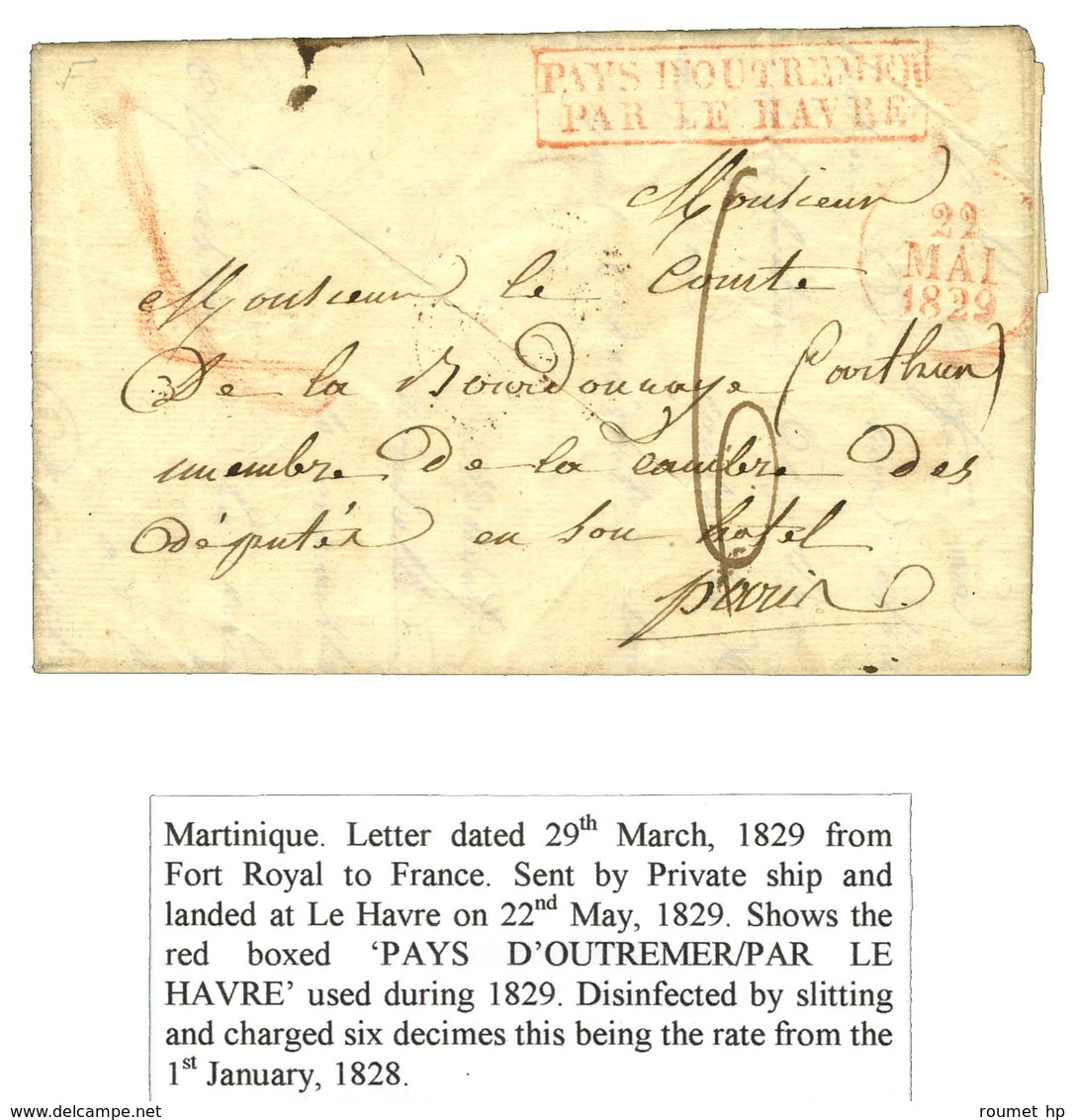 Lettre Avec Texte Daté De Fort Royal Le 29 Mars 1829 Pour Paris. Au Recto, Marque Postale D'entrée Encadrée Rouge PAYS D - Posta Marittima
