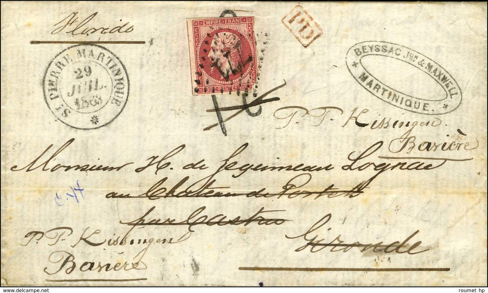 Lettre Avec Texte Daté De Saint Pierre De La Martinique Le 29 Juillet 1863 Pour Castres (Gironde) Réexpédiée En Bavière. - Maritieme Post