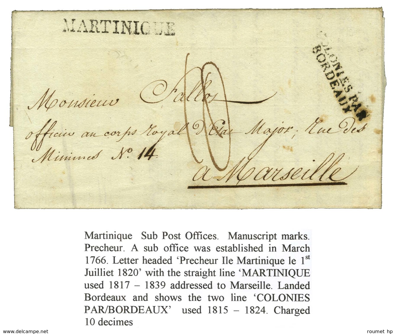Lettre Avec Texte Daté De Prêcheur Le 1er Juillet 1820 Pour Marseille. Au Recto, Marque Postale MARTINIQUE (J. N° 12) Et - Maritieme Post