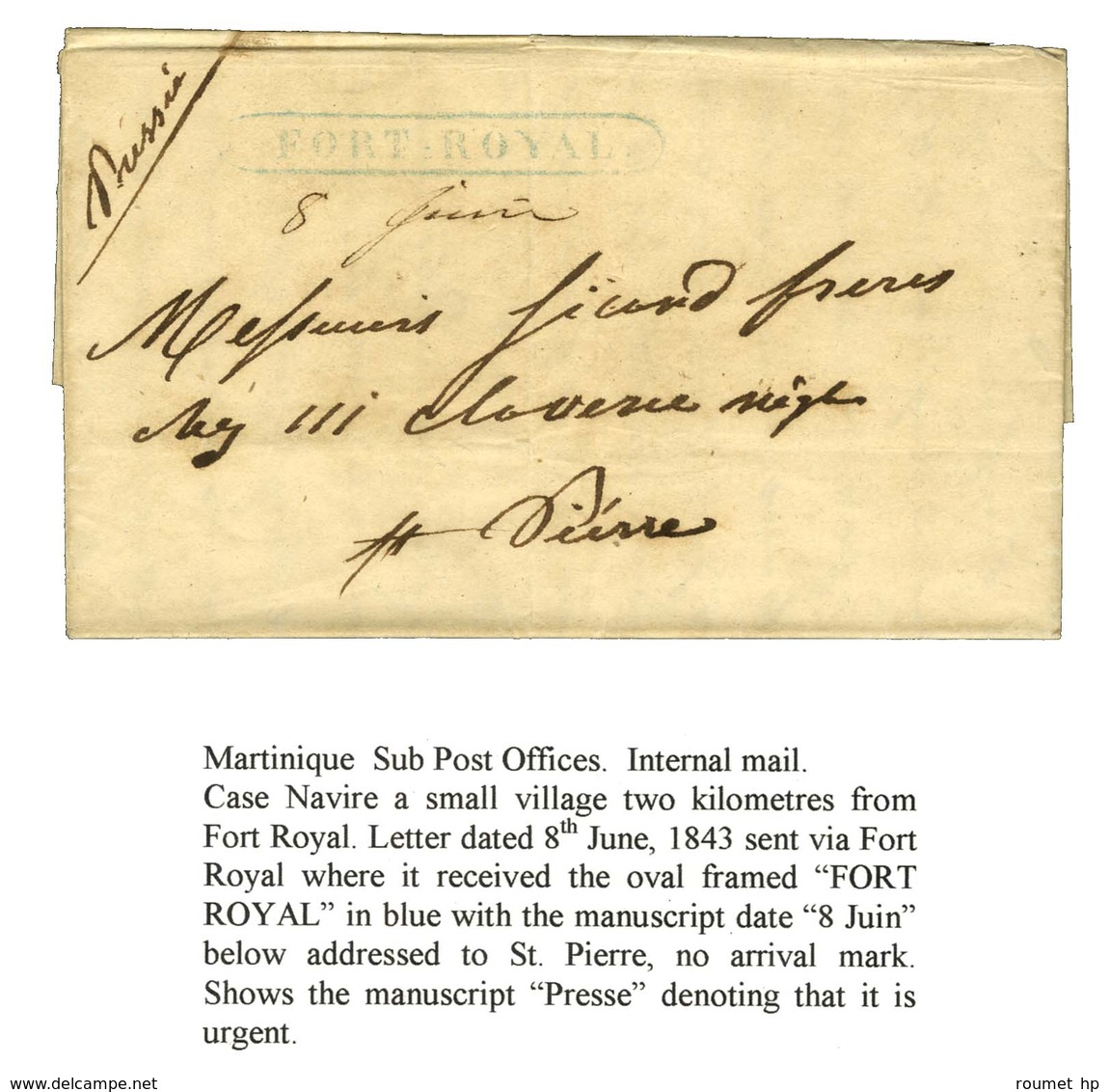 Lettre Avec Texte Daté De Case Navire Le 8 Juin 1843 Adressée Localement à St Pierre. Au Recto, Rare Marque Postale Enca - Maritieme Post