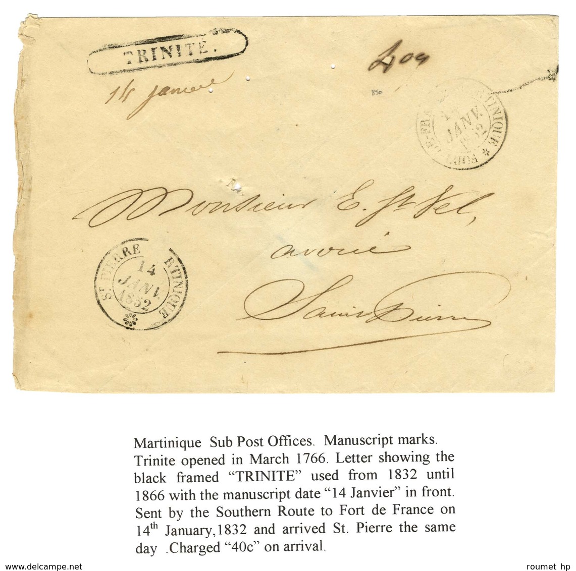 Enveloppe Sans Texte Adressée à Saint Pierre De La Martinique. Au Recto, Très Rare Marque Postale Encadrée TRINITE Et Da - Maritime Post