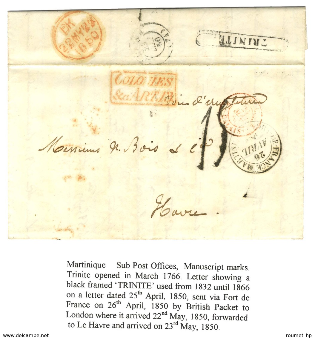 Lettre Avec Texte Daté D'une Petite Localité Le 25 Avril 1850 Pour Le Havre. Au Verso, Très Rare Griffe Encadrée TRINITE - Maritime Post