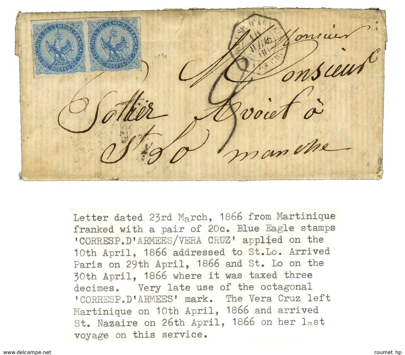 Lettre Avec Texte Daté La Martinique Le 25 Mars 1866 Pour St Lo. Au Recto, Col. Gen. N° 4 Paire Non Obl, Rarissime Càd O - Maritime Post