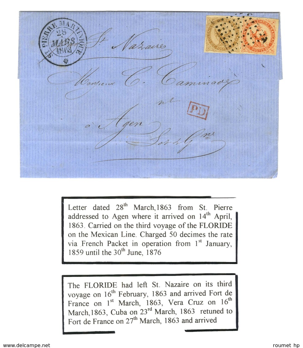 Losange / Col. Gen. N° 3 + 5 Grand Càd ST PIERRE MARTINIQUE / * 28 MARS 1863 Sur Lettre Avec Texte Pour Agen Ayant Empru - Maritime Post