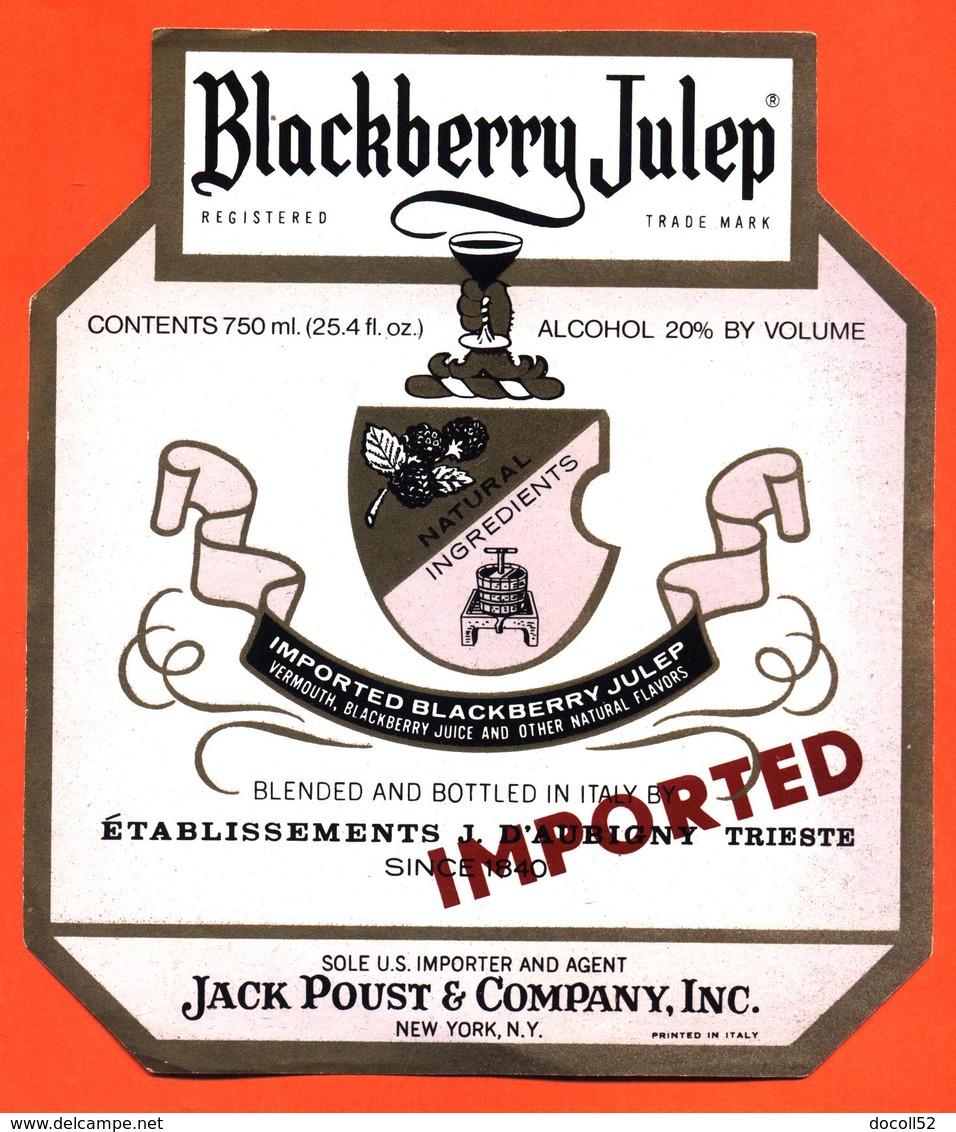 étiquette De Vermouth Blackberry Julep Ets D'aubigny Importé De New York 20°/° - 75 Cl - Whisky