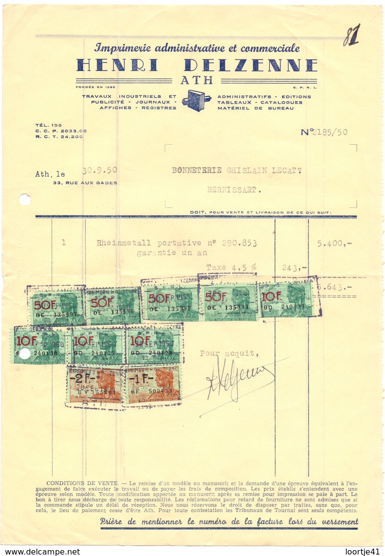 Factuur Facture - Imprimerie Henri Delzenne - Ath 1950 - Imprenta & Papelería