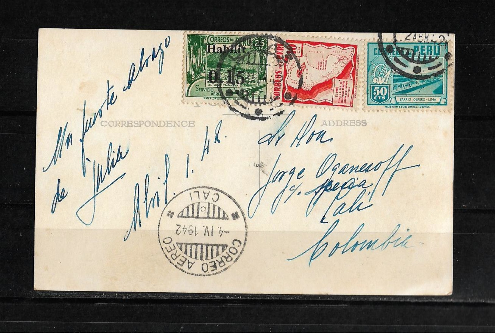 Peru 1942 Tarjeta Postal Circulada De Lima A Colombia Con Doble Matasellos Lima Y Cali - Pérou