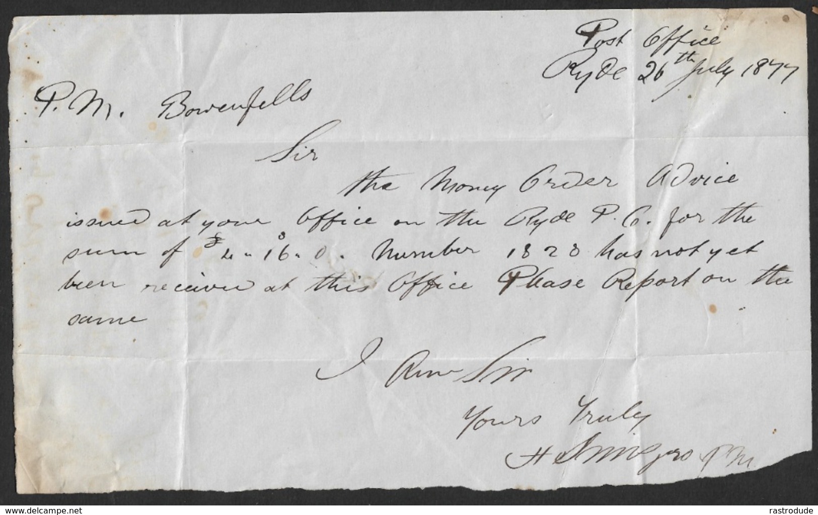 1877 - INTERNAL POST OFFICE COMMUNICATION - SIDNEY TO RYDE - TO POSTMASTER - MONEY ORDER ADVICE - Briefe U. Dokumente