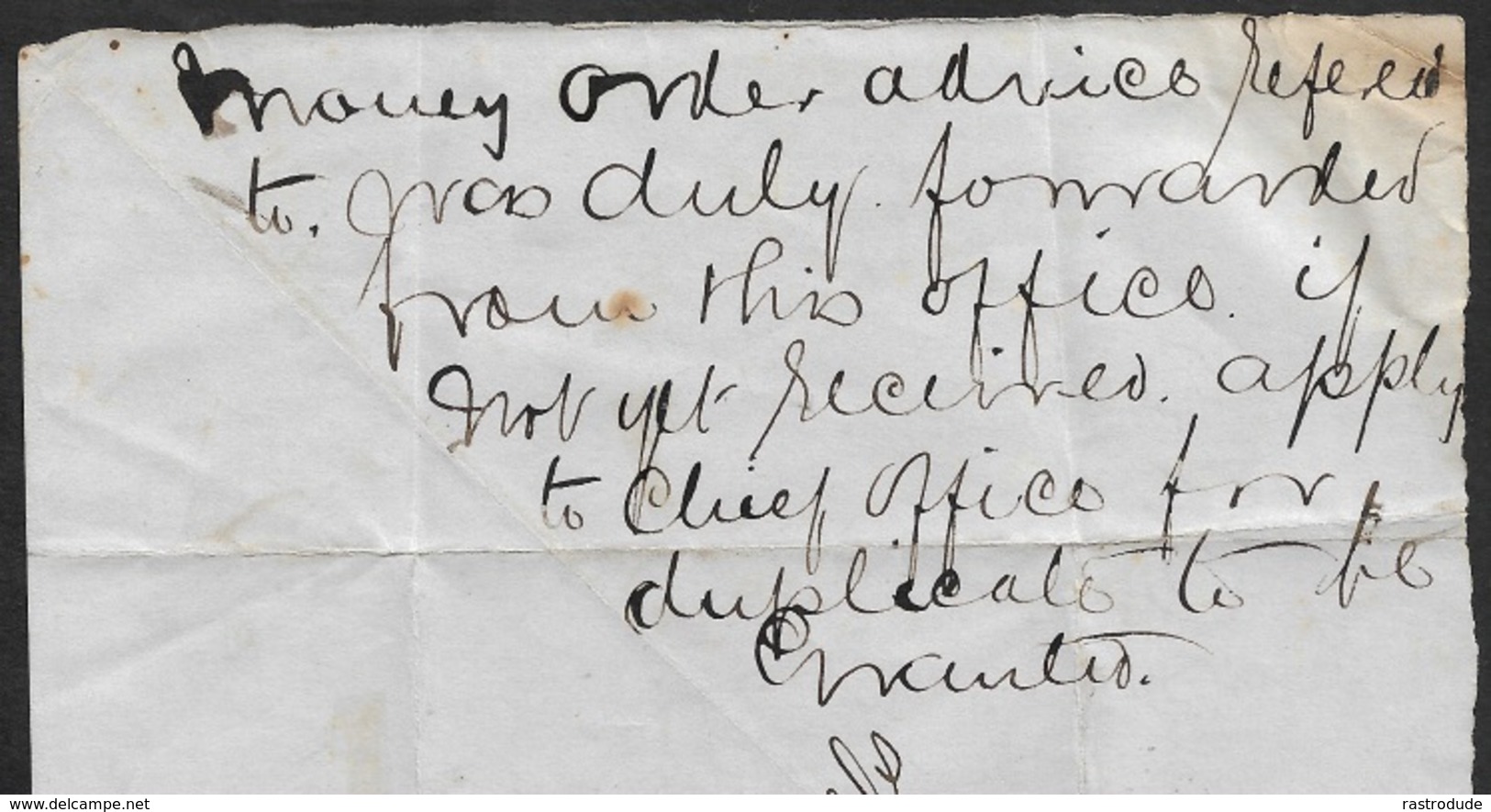 1877 - INTERNAL POST OFFICE COMMUNICATION - SIDNEY TO RYDE - TO POSTMASTER - MONEY ORDER ADVICE - Lettres & Documents