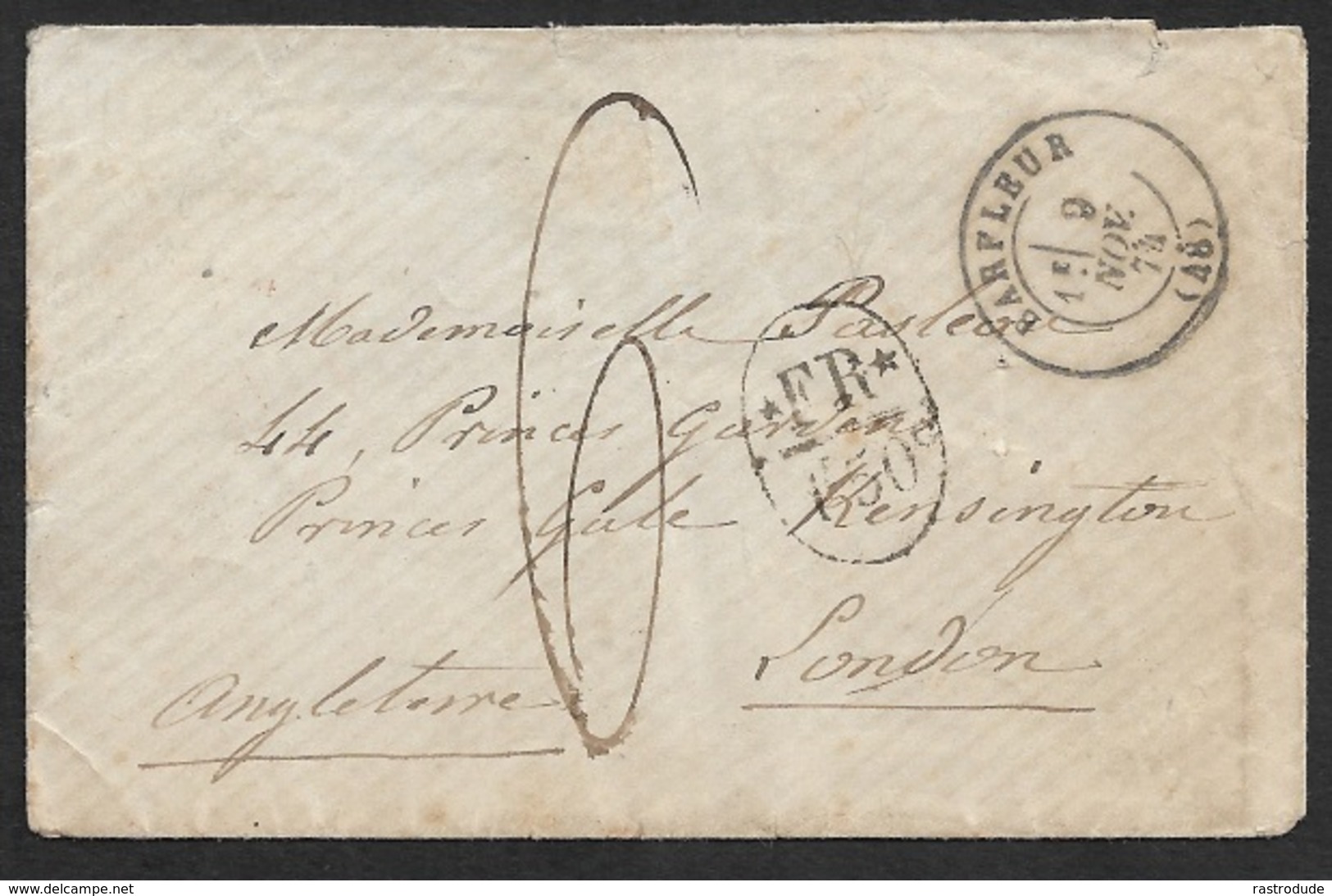 1874 - Enveloppe - C.à.d BARFLEUR A LONDRES - Marque Taxe FR /1Fr 50 Et Ms 6. Verso Arrivée London Nov 11 74 - 1849-1876: Période Classique