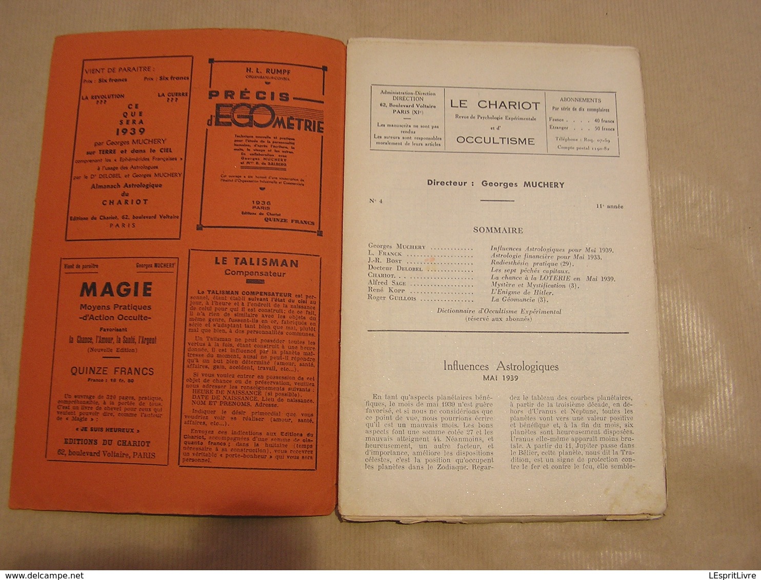 LE CHARIOT Revue Mensuelle De Psychologie Expérimentale Et D' Occultisme N° 102 1939 Radiesthésie Ondes Nocives Hitler - 1900 - 1949