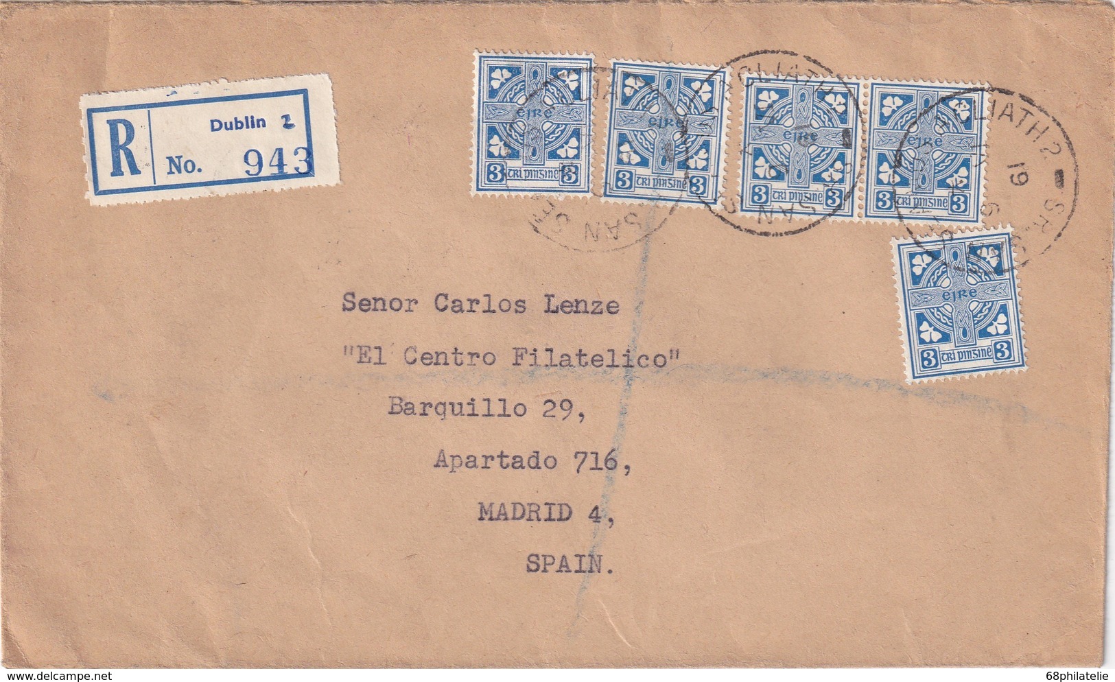 IRLANDE 1961 LETTRE RECOMMANDEE DE DUBLIN AVEC CACHET ARRIVEE MADRID - Cartas & Documentos