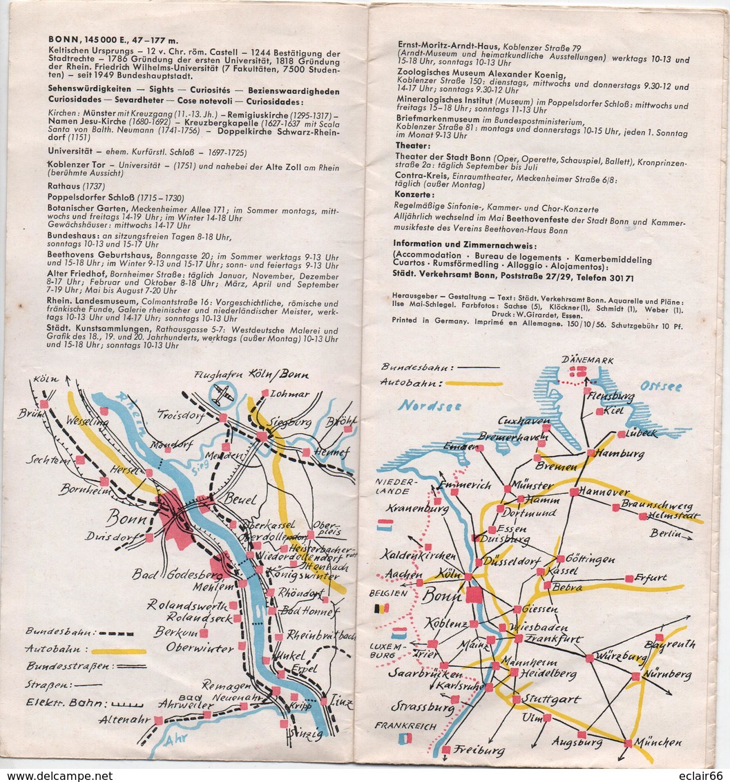 ALLEMAGNE  (BONN)  Dépliant (curiosités Photos,Plan, Touristiques Pour Vos Vacances Année 1960 Dimesion 40cmX40cm - Sonstige & Ohne Zuordnung