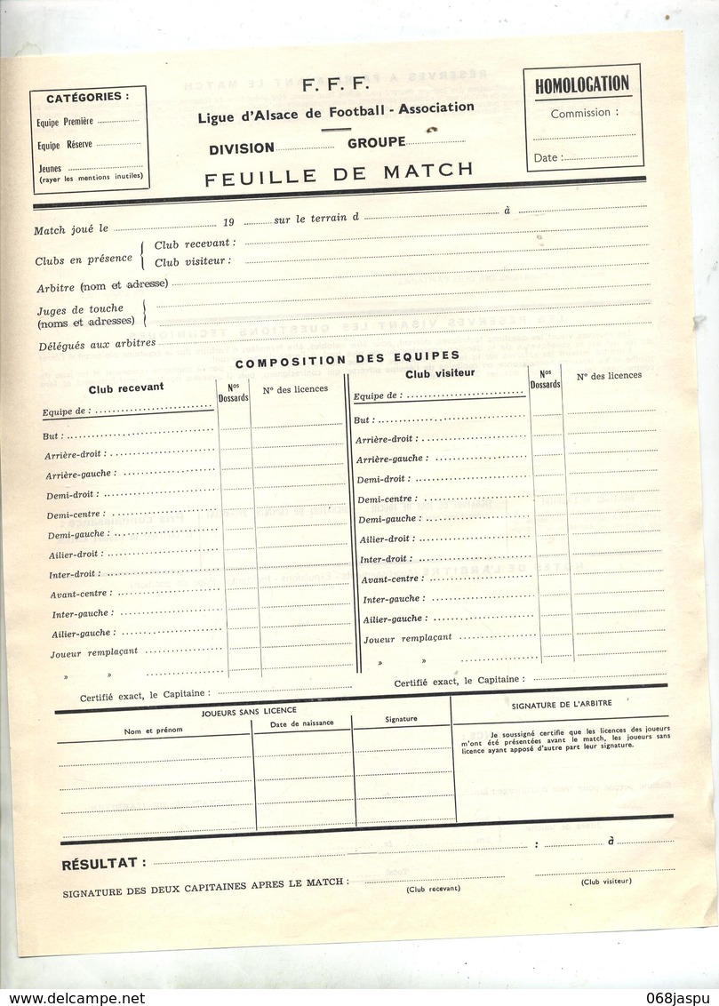 Feuille De Match Ligue Alsace Football - Autres & Non Classés