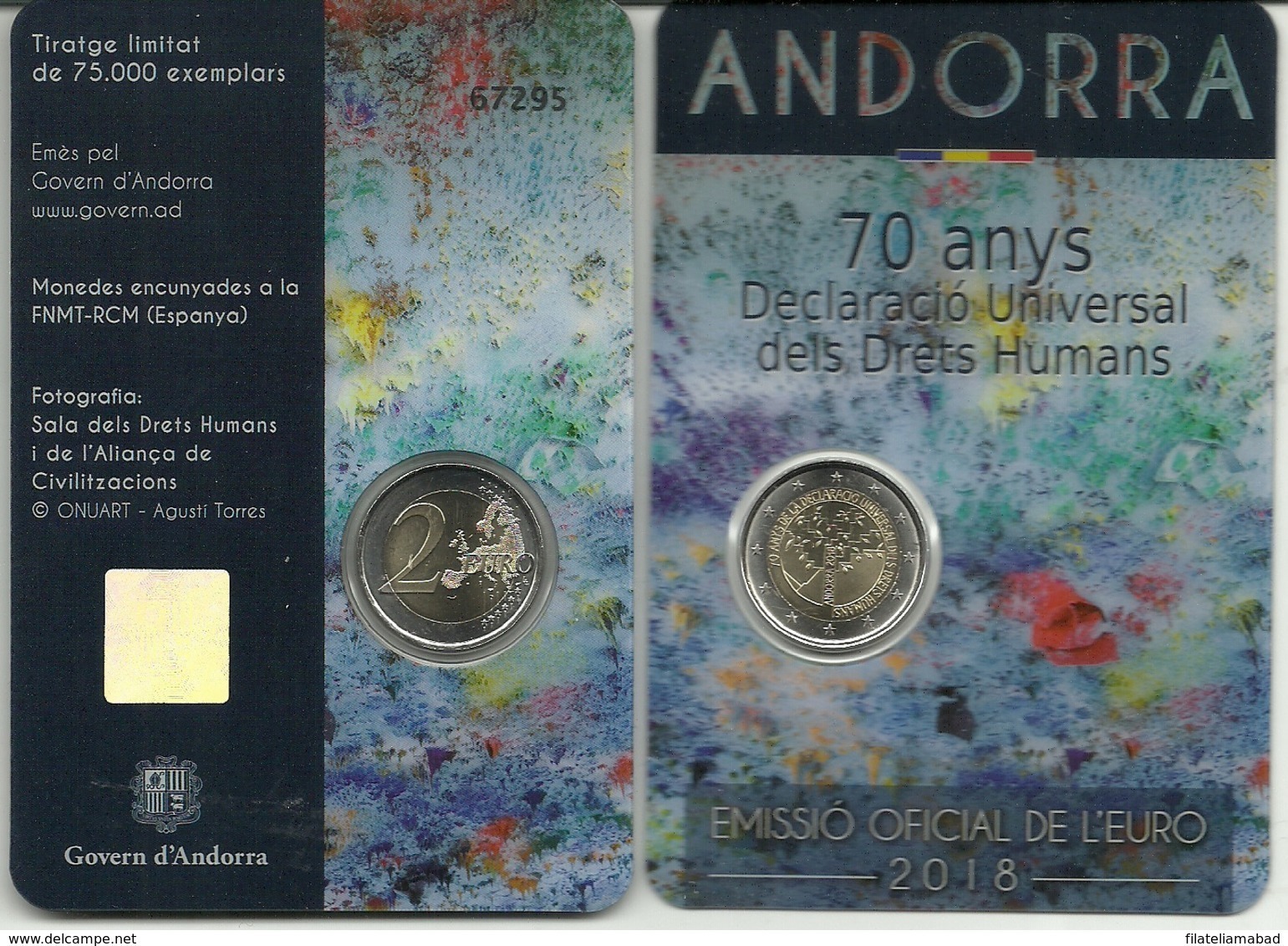 ANDORRA EUROS 5 MONEDAS DE  2,00€ CONMEMORATIVOS  70 AÑOS DECLARACIÓN UNIVERSAL DE LOS DERECHOS HUMANOS.. - Andorra