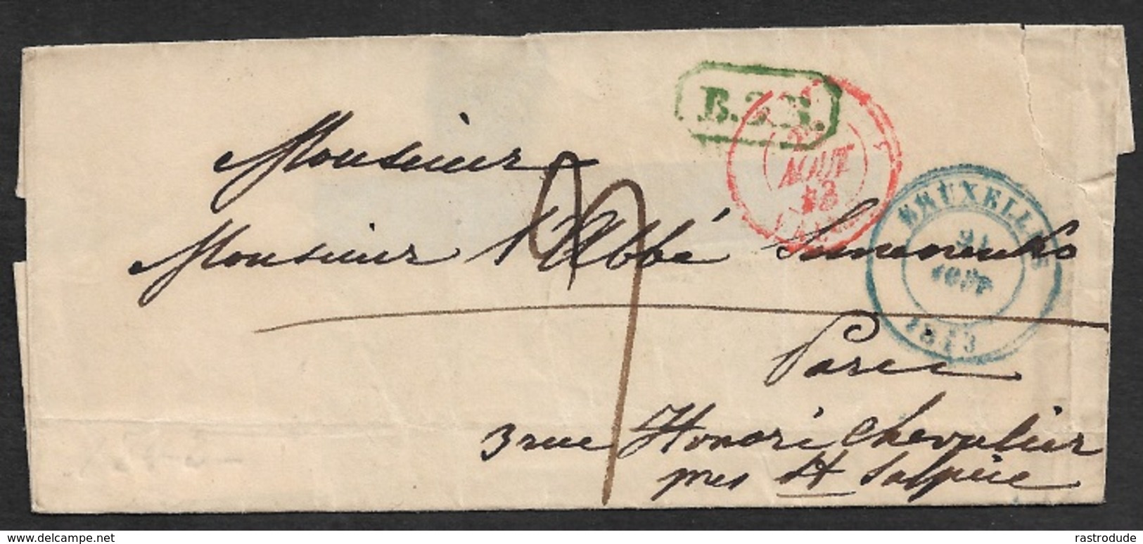 1843 - LSC - BRUXELLES A PARIS - Marques De Transit Et Rayon B.3.R ( 3ième Rayon ) - Tricouleur - 1830-1849 (Unabhängiges Belgien)