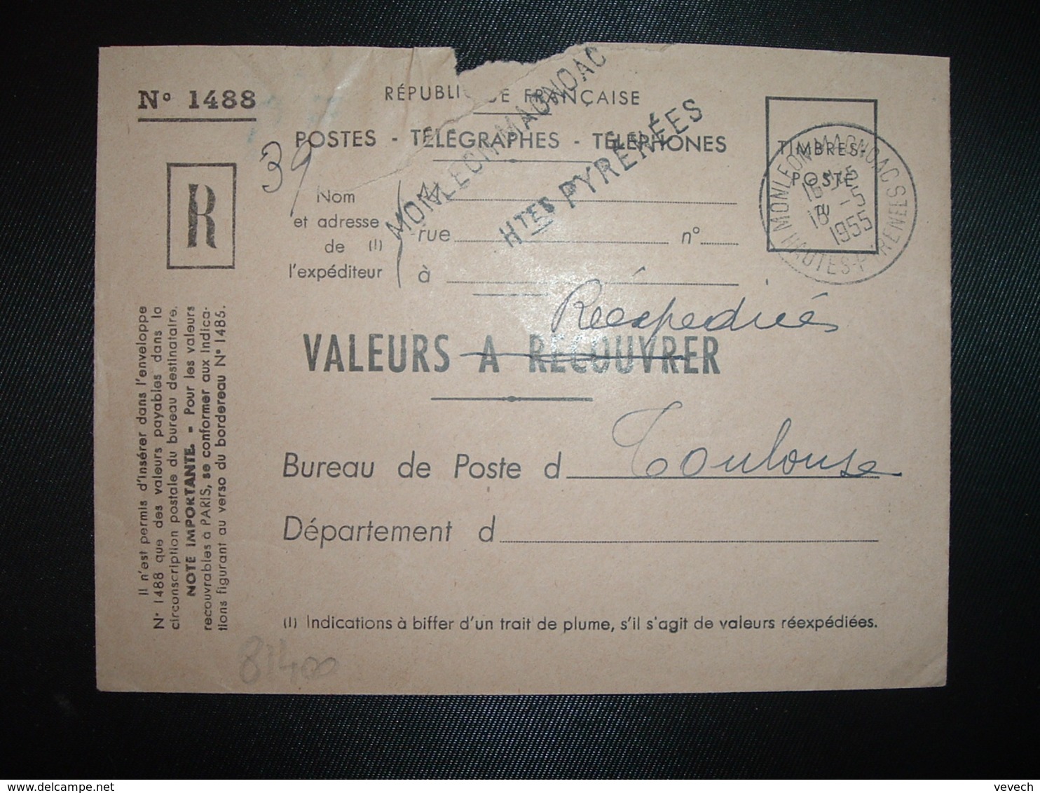 LETTRE VALEURS A RECOUVRER OBL.18-5 1955 MONLEON MAGNOAC HAUTES PYRENEES (65) + Griffes Linéaires MONLEON MAGNOAC + HTES - Cachets Manuels