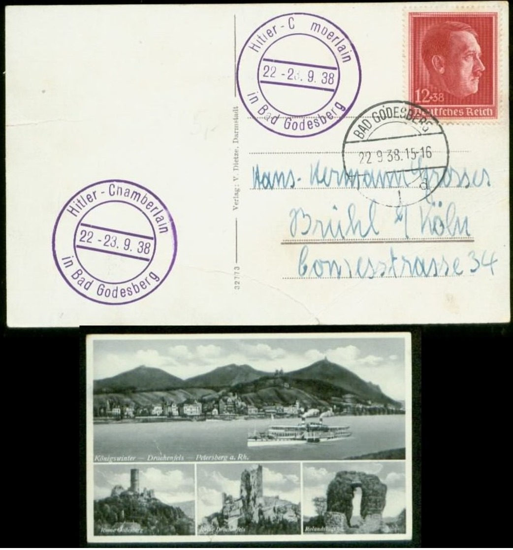 P0539 - DR Postkarte Bad Godesberg Mit Stempel Hitler - Chamberlain Treffen: Gebraucht Bad Godesberg - Brühl 1938 , Bed - Briefe U. Dokumente