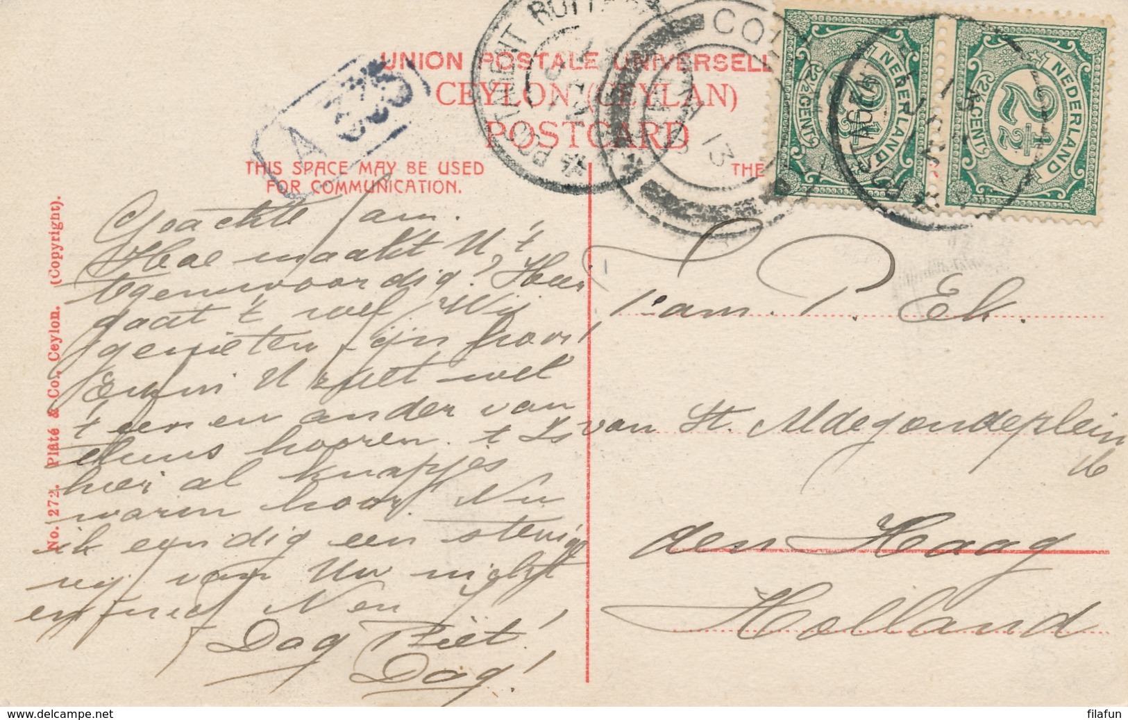 Nederland - 1912 - Grootrond Postagent Rotterdam-Batavia Op Ansicht Van Colombo Naar Den Haag - Per SS Tambora - Brieven En Documenten