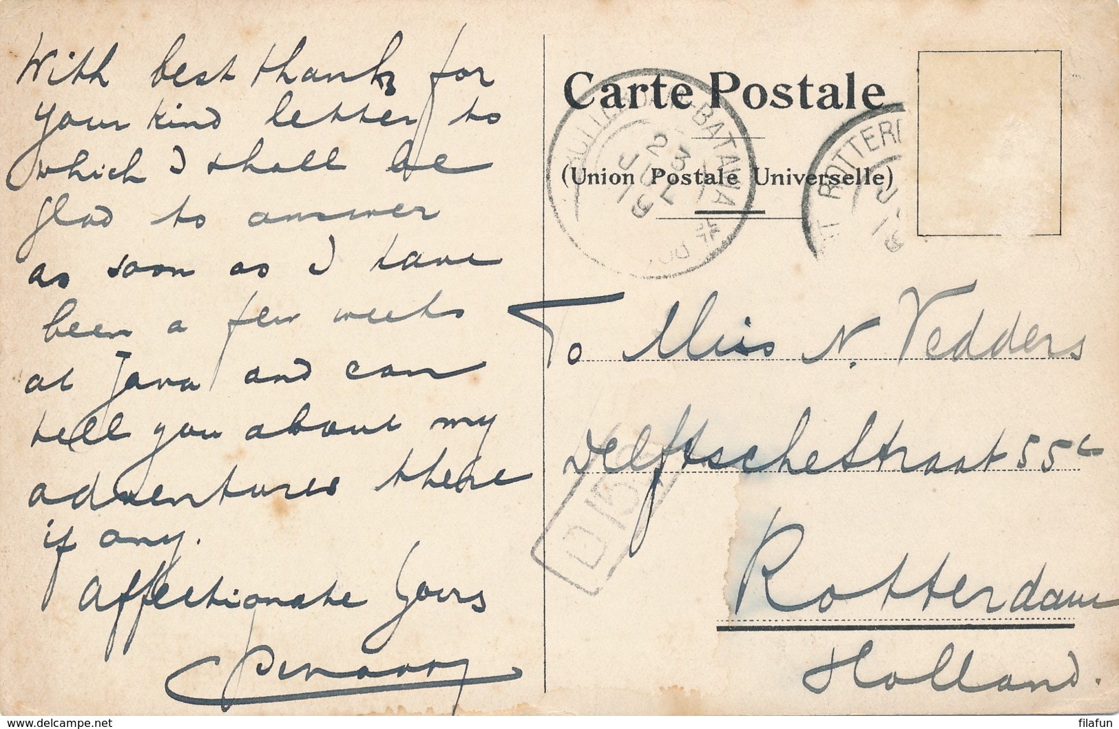 Nederland - 1919 -  Gekleurde Fotokaart Mailboot SS Tambora - Rotterdamsche Lloyd - Brieven En Documenten
