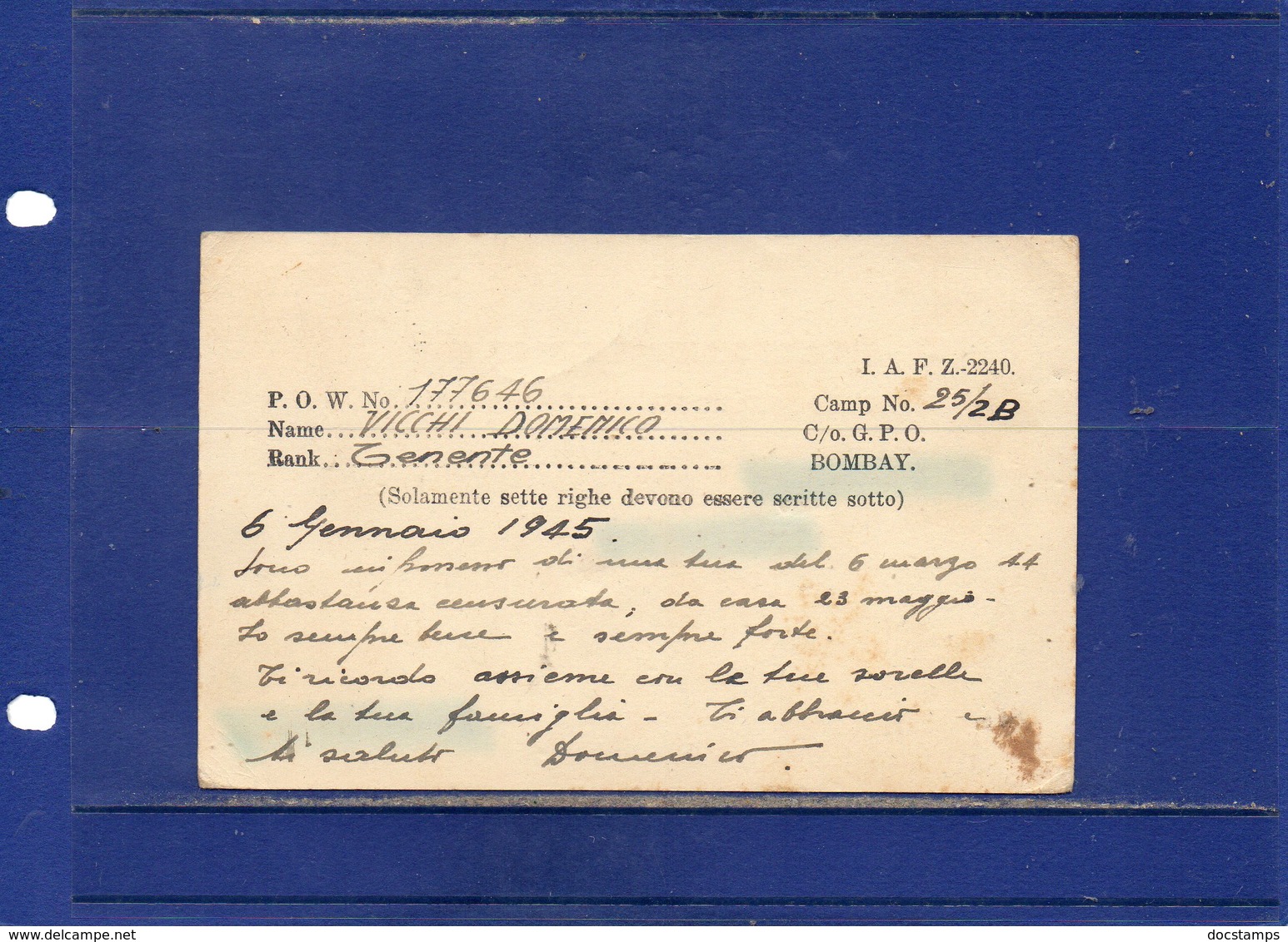 ##(DAN192)-Prigionieri Di Guerra-Prisoners Of War-1945-P.of W. Card From Camp 25 Bombay-India To Castel Del Rio-Bologna - Posta Militare (PM)