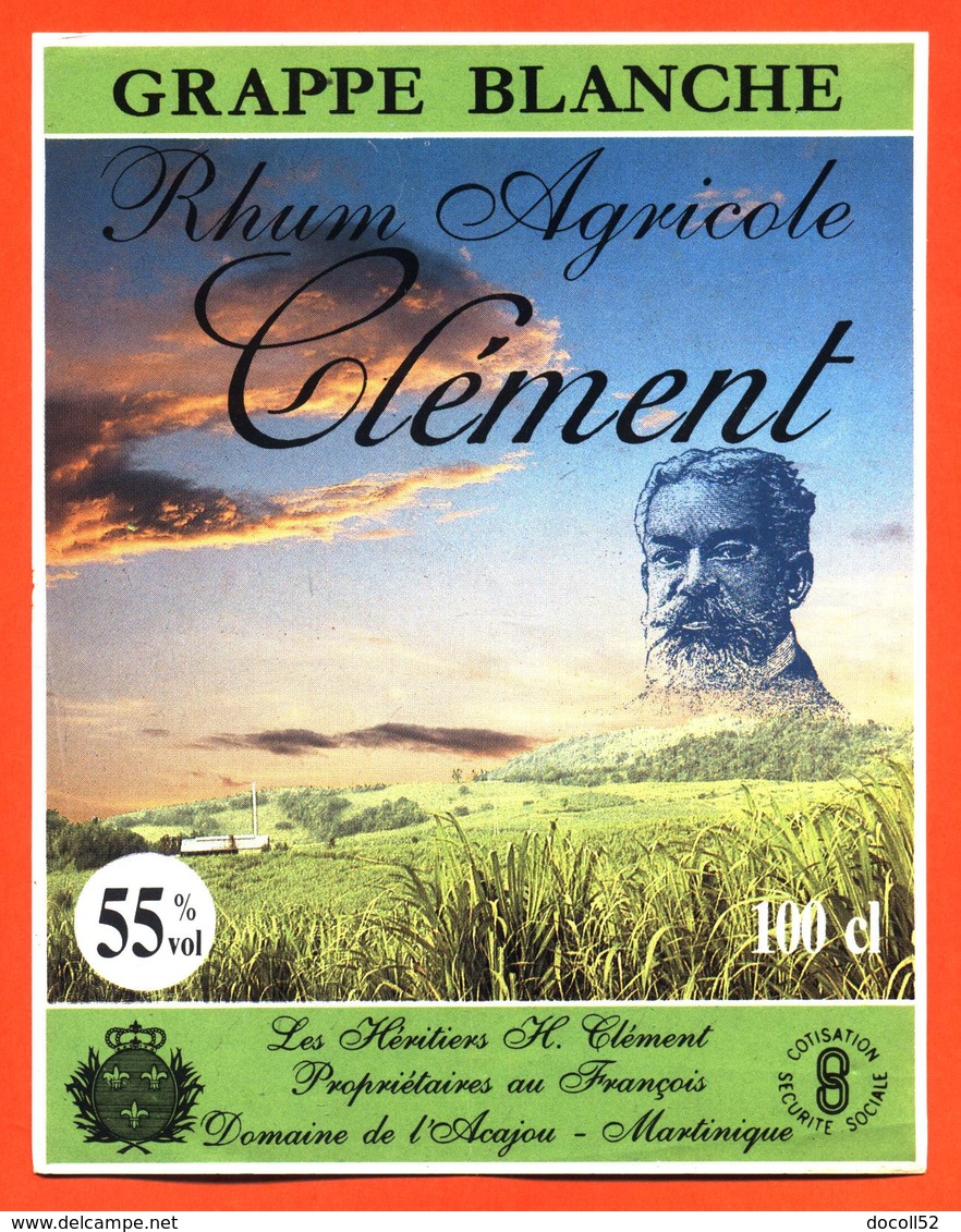 étiquette De Rhum Agricole Clement Grappe Blanche Les Heritiers Clément à La Martinique - 100 Cl - Rhum