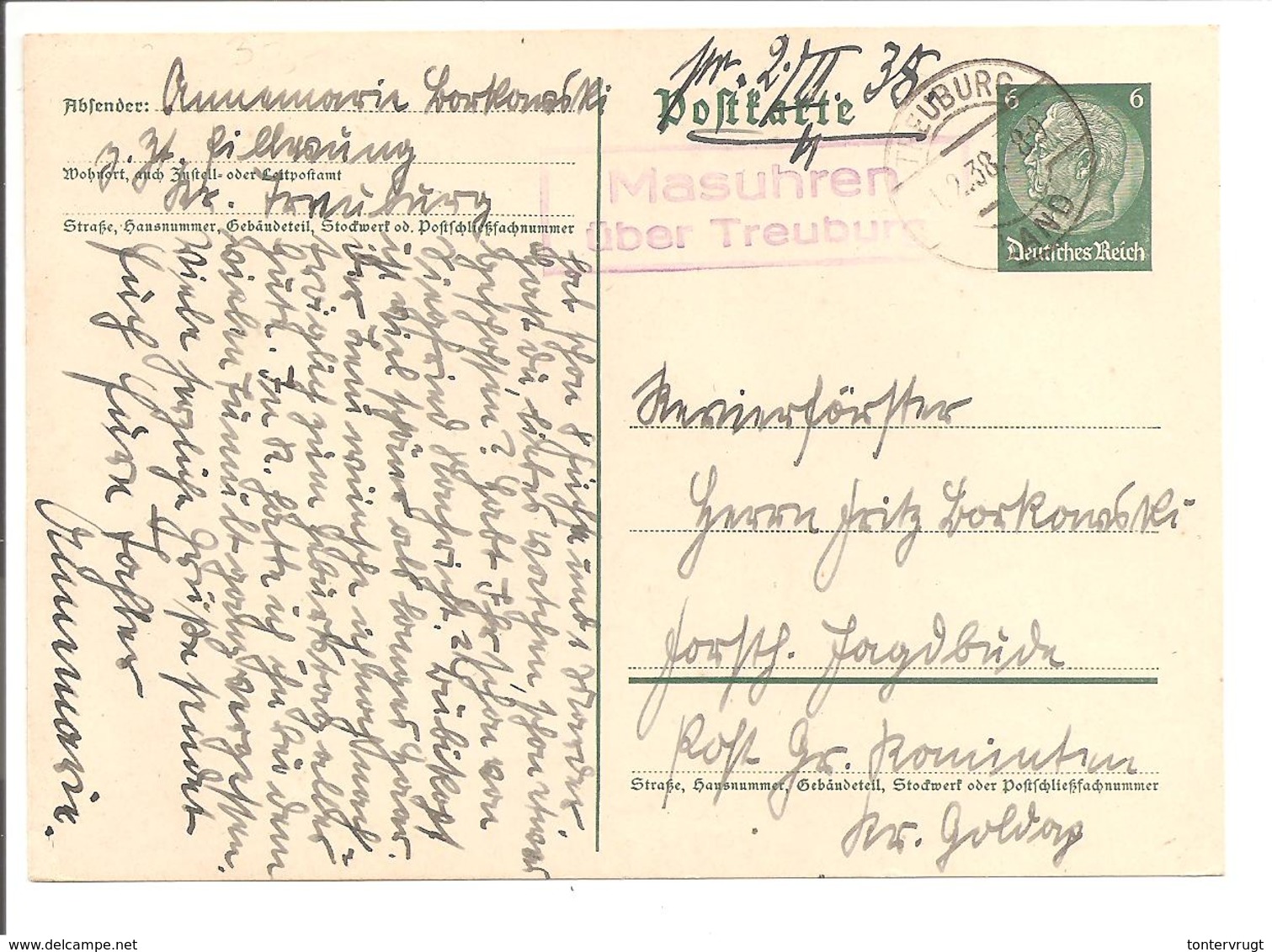 Landpoststempel Masuhren über Treuburg Ostpreussen 1.2.38 - Lettres & Documents