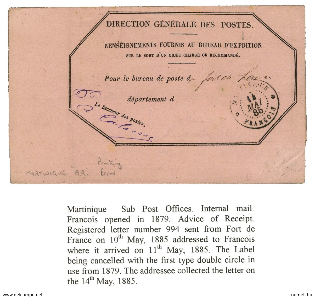 Càd * MARTINIQUE * / FRANCOIS 11 MAI 85 Sur Avis De Réception Rose. - SUP. - R. - Maritime Post