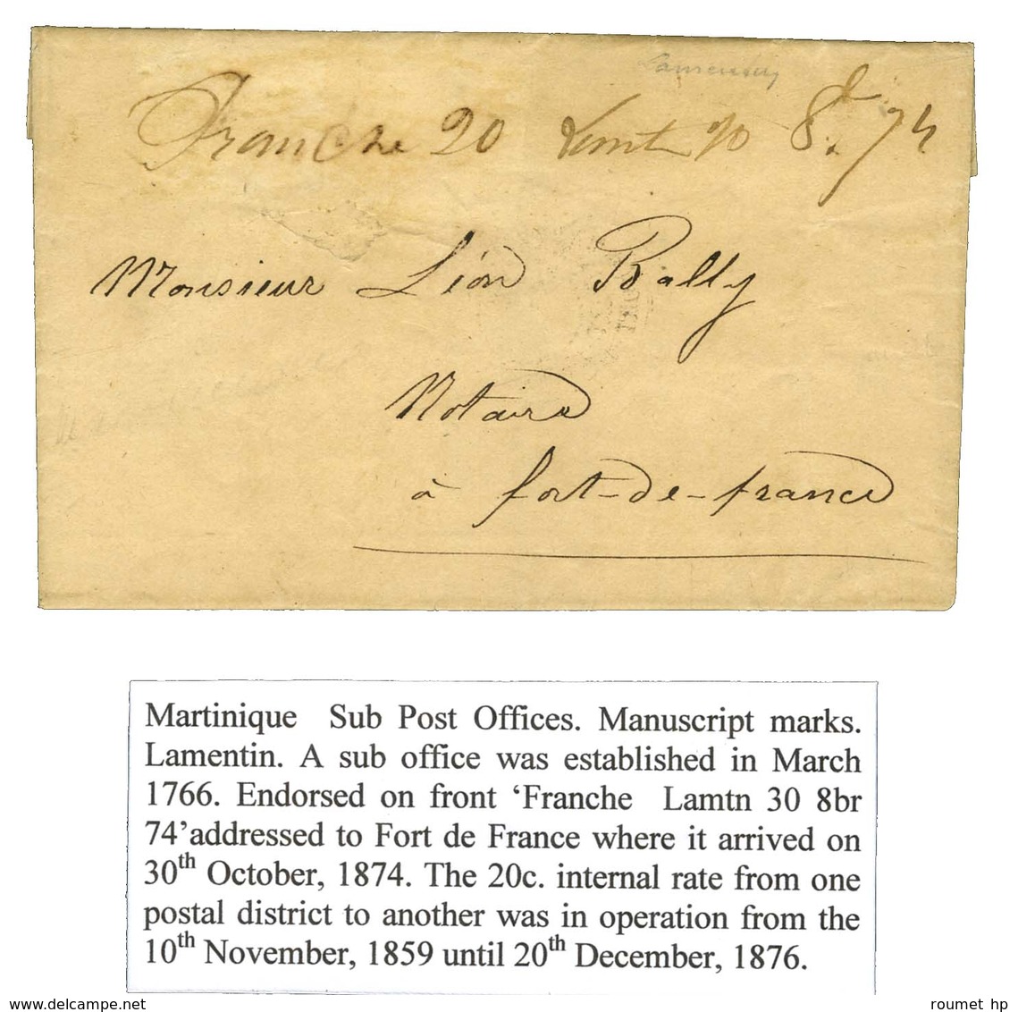 Lettre Avec Texte Daté Du Lamentin Le 26 Octobre 1874 Pour Fort De France. Au Recto, Marque Manuscrite '' Franche 20 Lam - Maritime Post