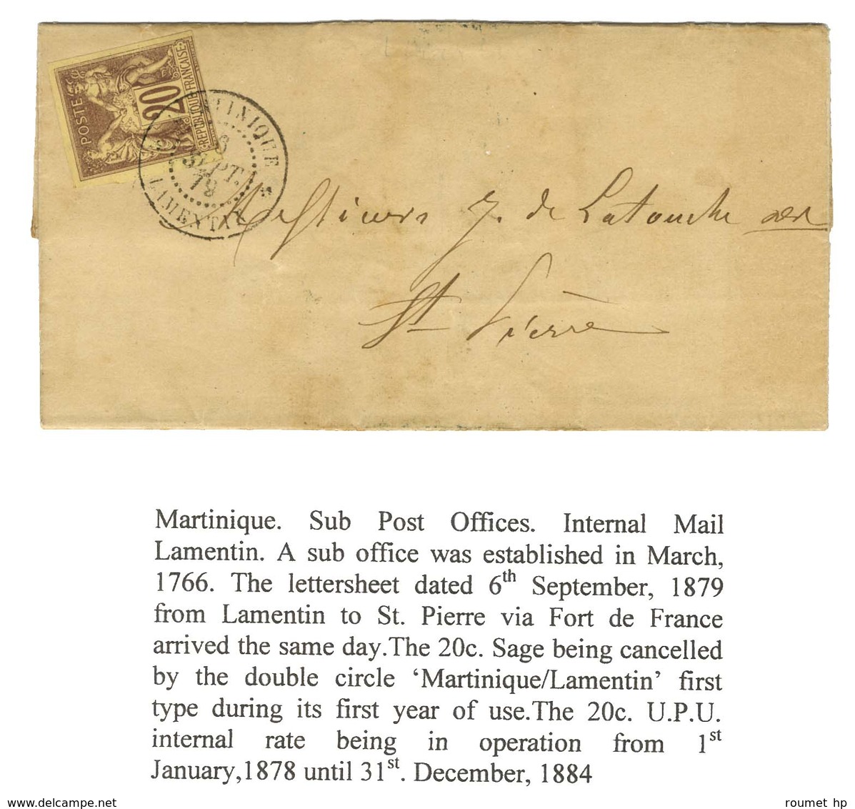 Càd * MARTINIQUE * / LAMENTIN 6 SEPT. 79 / Col. Gen. N° 34 Sur Lettre Avec Texte Daté De Duroche Le 4 Sept. 1879 Pour Sa - Maritime Post